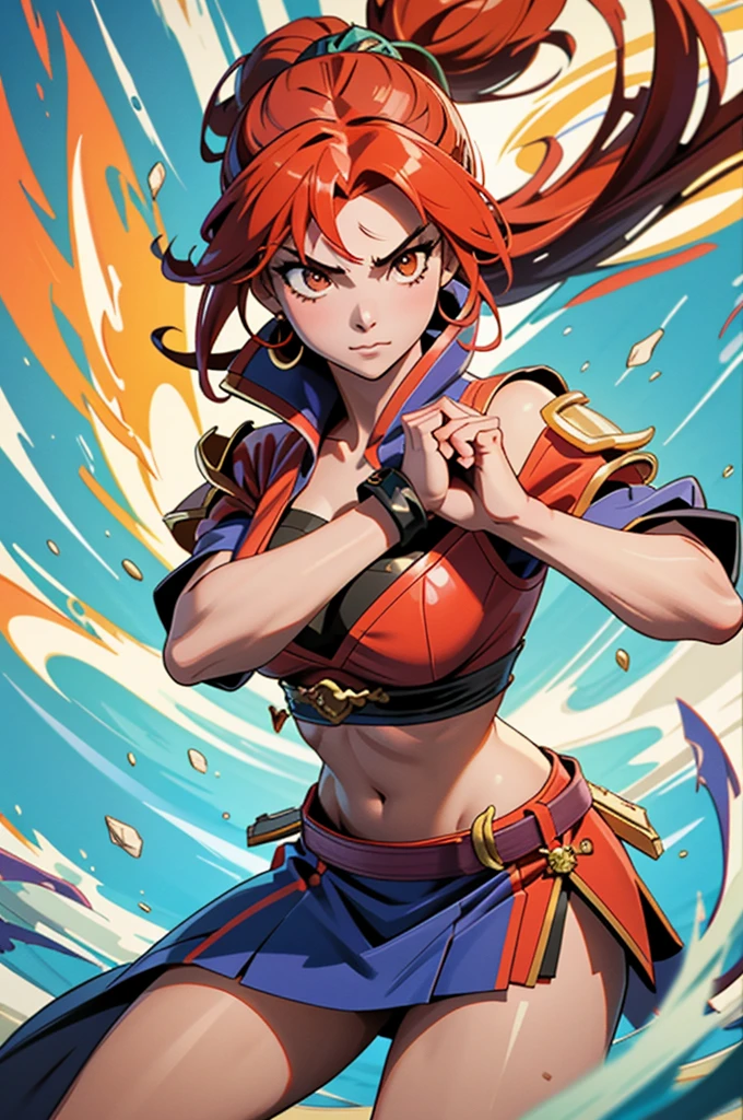 One girl, Yoko Littner, glowing eyes, superheroine suit, sleeveless, fire magic, fire hair, surrounded by flames, levitating