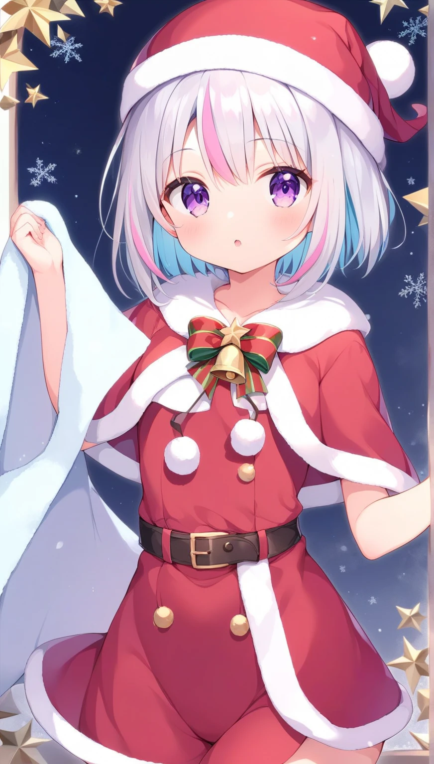 Christmas background 、 Santa costume、pink and light blue ((streaked hair)), highlights hair, short hair, masterpiece, dynamic angle, front view, full body shot, purple eyes, , 太い line art , nekomimi, Petite and curvy loli,  line art , シンプルな line art ,  flat anime style shading,  with a towel on her head 