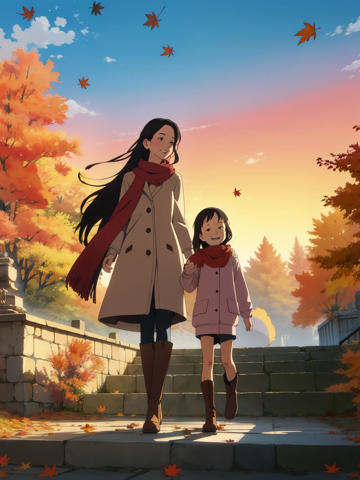   A masterpiece，  top quality， high image quality，(  super flat  ,   flat shading )，  fisheye lens，Beautiful young mother and adorable daughter，  warm scarf，(naked)，  long hair，  boots, smile, smile，White Breath，fun, play，Stone steps in an autumn park，  falling leaves for vaginal discharge ，Autumn sky，dusk， Beautiful Sunsets ，  bright color，watercolor,  Ghibli style，Strong winds，