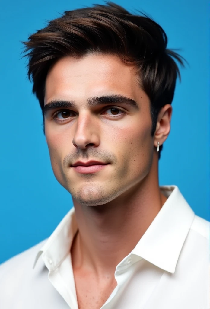 . The image is a high-resolution photograph of  with a clean-shaven face and dark brown hair, .  He shows his upper body and face  .  He is standing on a plain blue background  .  He has expressive brown eyes .  His facial expression is neutral .,  with a light , self-confident smile.   His expression is serious and slightly thoughtful  ,   close-up with with a neutral or slightly harsh look, pointed at the camera  .   He is wearing a white button-down shirt ,  close up to his muscular torso  .