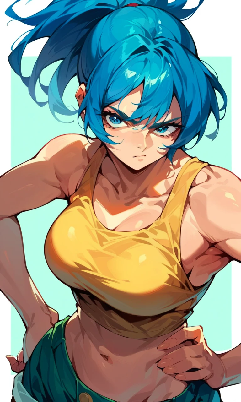 score_9, score_8_up, score_7_up, score_6_up, source_anime, BREAK masterpiece, Leona Heidern KOF XV, yellow tanktop, shorts, hand on own hip, breasts, looking at viewer, blue hair, ponytail, navel, midriff, blue eyes, sniffing armpit 