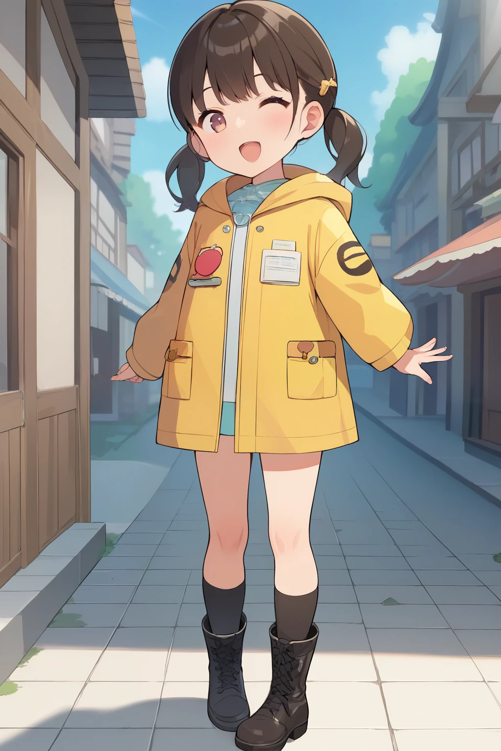  score_9,  score_8_up,  score_7_up,  score_6_up,  score_5_up,  score_4_up,  source_Anime BREAK，tag1, nsfw，quality_ Masterpiece  ,  anatomically accurate , A young girl wearing a raincoat and boots ，naked， short， toddler figure ，Short legs， look like an anime girl 。The raincoat should be clear, transparent, plain and simple。 make the girl look a little more hand-painted 、 please keep her raincoat closed 。\ n she has a happy expression 、Please set the background to a village 。 let me do a cool pose ， Aurora，
