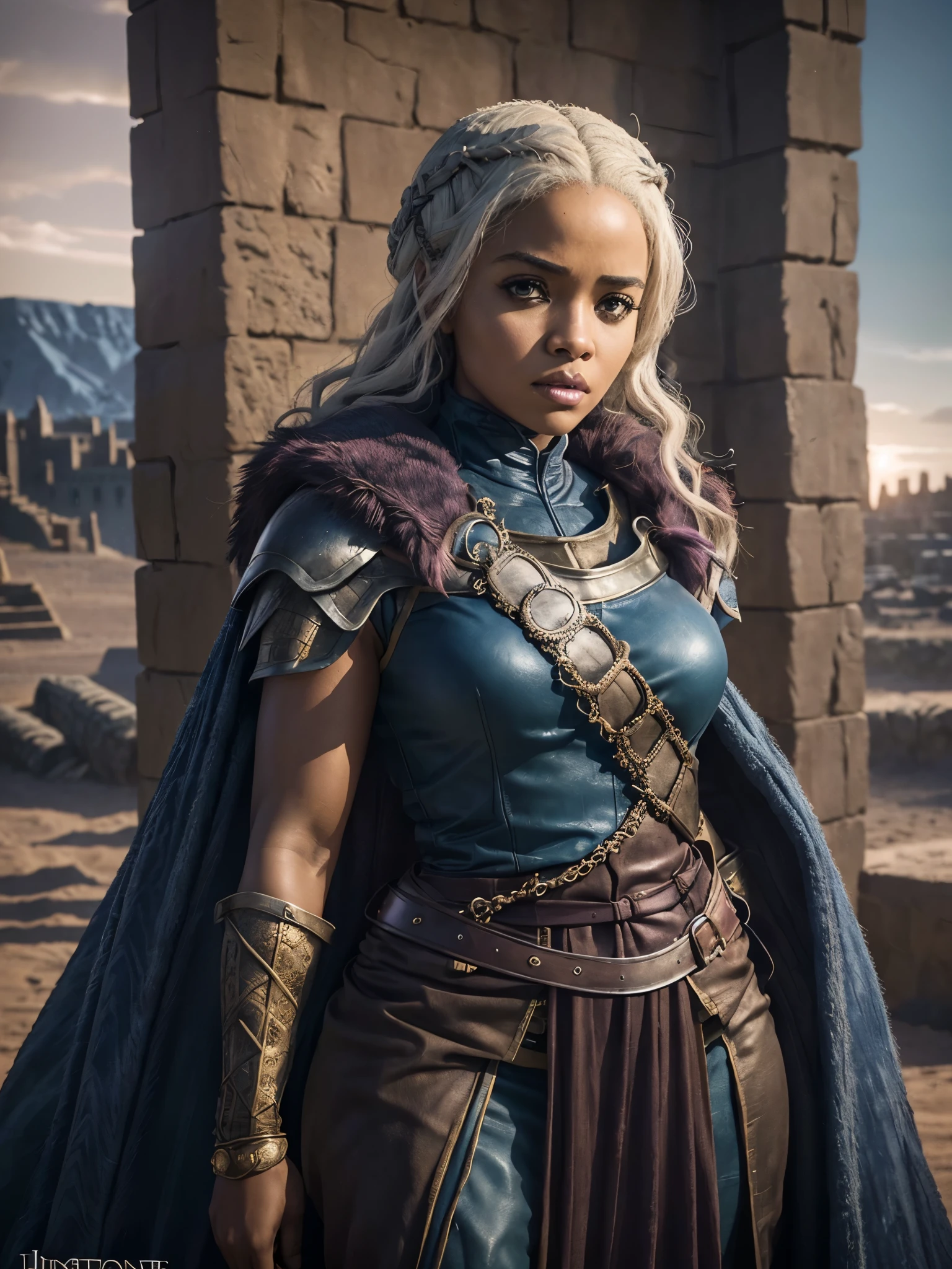 ((instagram photo)) full body photo of 28 year old beautiful ((African woman superhero costume)) strong ((girlboss)) fierce in a ((game of thrones tv show and fictional city of westeros)) (high detailed skin:1.2) 8k uhd, dslr, soft lighting, high quality, film grain ((amateur photo))