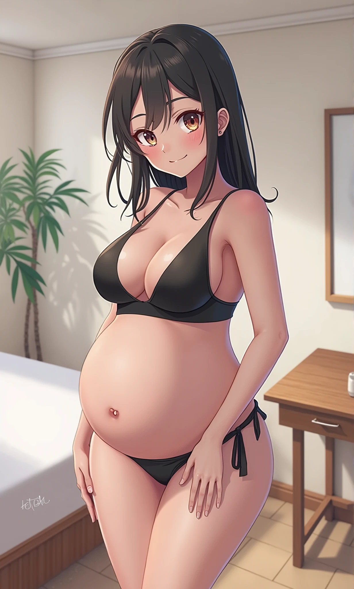 masterpiece, best quality, highres, hmmarnie, aqua eyes, black choker, red ribbon, earrings, jewelry, black bra, black thong, stadium, on a bed, rear ciew, pregnant, pregnancy, pregnant belly, round belly.