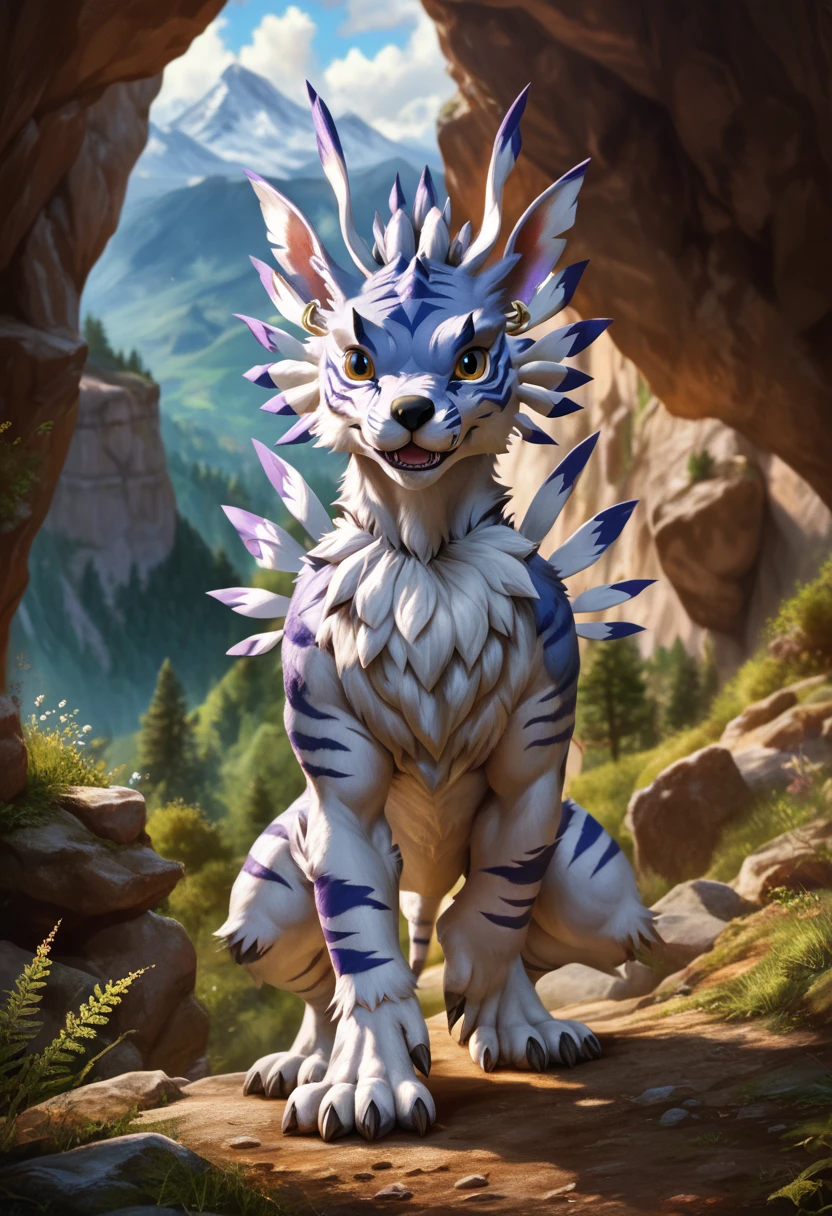 score_9, score_8_up, score_7_up, Alone, Full body, Front view, Weregarurumon, adult, stands, fur all over the body, detailed face, looks at the viewer, nature, very detailed fur, in the high mountains, highest quality, very detailed, very detailed background, (realistic:1.3)