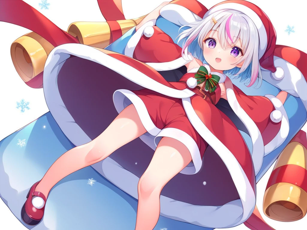 Christmas background 、 Santa costume、pink and light blue ((streaked hair)), highlights hair, short hair, masterpiece, dynamic angle, front view, full body shot, purple eyes, , 太い line art , nekomimi, Petite and curvy loli,  line art , シンプルな line art ,  flat anime style shading,  with a towel on her head 