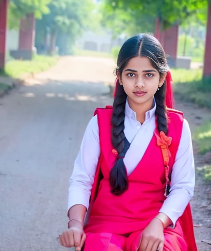 Raw photo , 1 girl ,Wearing salwar kameez uniform, red color , teen school girl, with plait , professional photographer, (hdr:1.4), masterpiece, ultra-realistic 8k, perfect artwork, intrincate details, cute face, award winning photograph, (Best quality, 8k, 32k, Masterpiece, UHD:1.3)