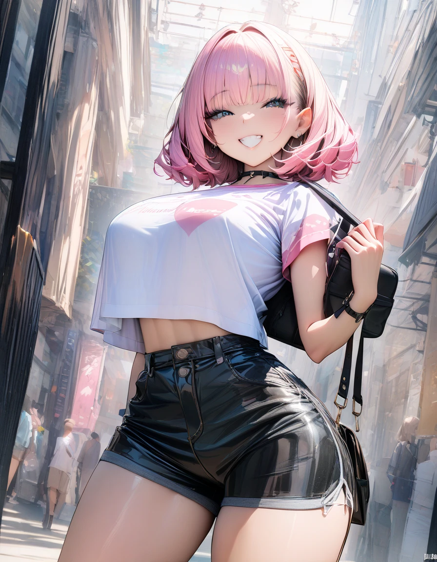 masterpiece, best quality, high, hs1,city, street, red eyes, yellow eyes, wet, pink hair, , thigh straps, shorts, front tie top, mid-tumito, shorts, panty belt, sleeveless, skinny white shirt, black necklace, smile, outdoors