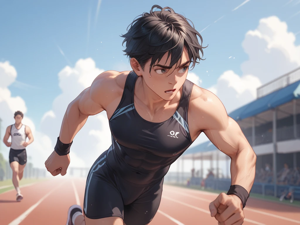 Wide shot, full body,
masterpiece, best quality, ultra detailed, highres, high-resolution,
Full body Beautiful anime style boy, (anime line painting), super fine illustration, hand drawn,
shiny skin, detailed skin, bare navel,
Describe the moment when the man is running dynamically, Cute guy,
Good looking, neutral face,Running male track and field athletes,
Flat chest,
Emphasizes being male,
Blue shorts and short sleeved uniforms, White track shoes, Athletic track, blue sky,