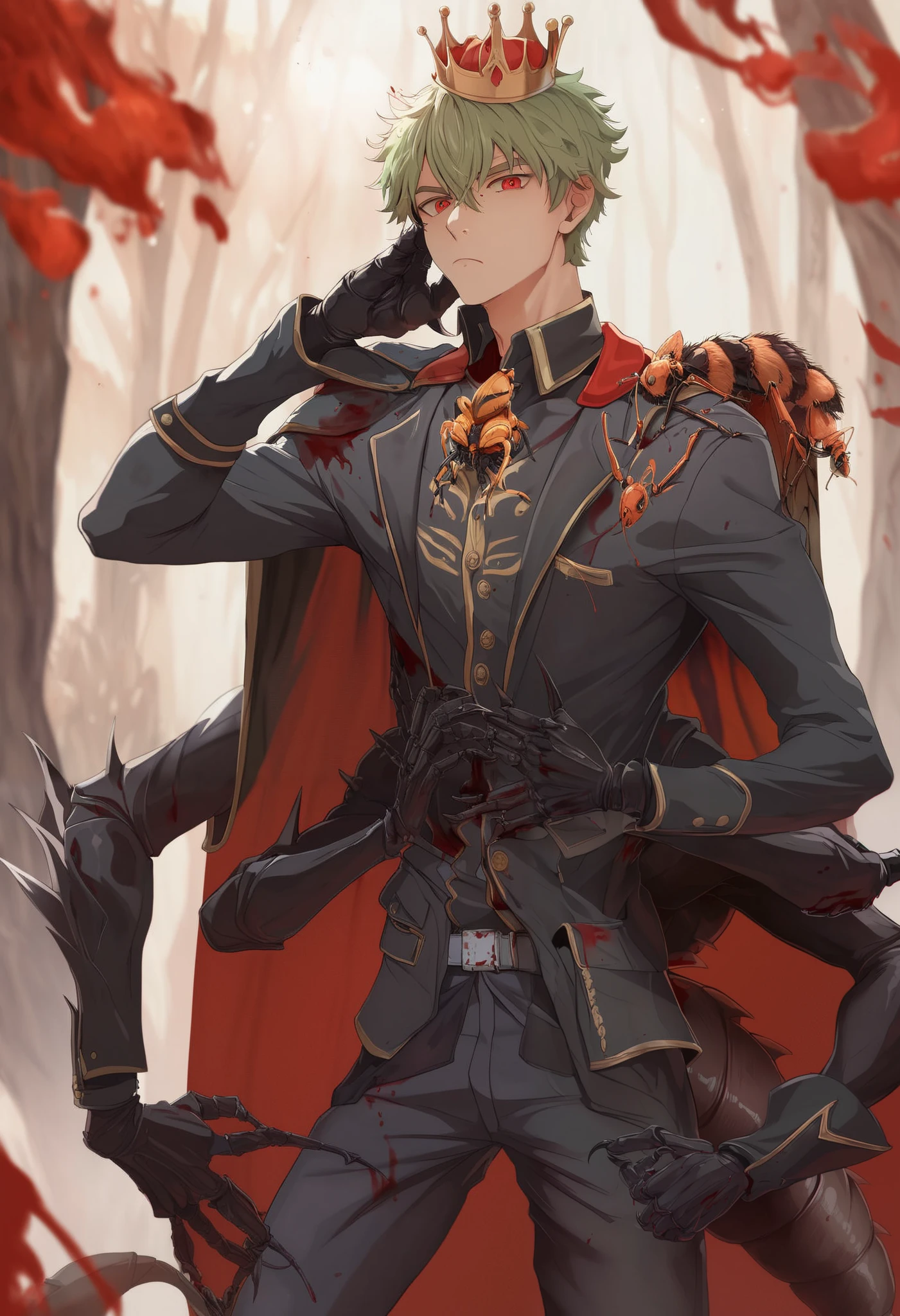young insect boy, green hair, insect antennae, insect wings, black exoskeleton, exoskeletal legs, exoskeletal arms, four arms, exoskeletal mouth, big claws, tall male, slim body, king, king crown, king uniform, long insect tail, slim insect tail, spiked insect tail, red eyes, bored, forest in war, fire, holding dead human head, blood, blood on clothes, looking at viewer, high quality, masterpiece
