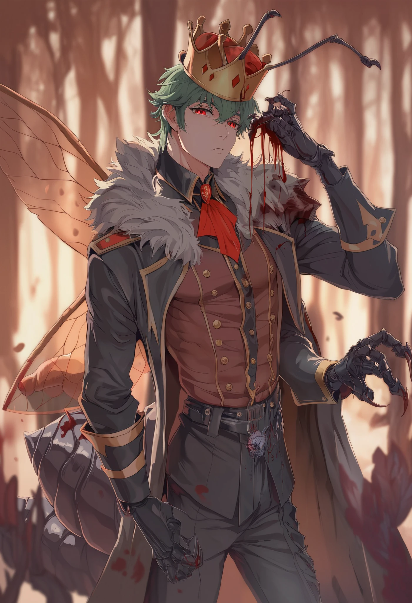 young insect boy, green hair, insect antennae, insect wings, black exoskeleton, exoskeletal legs, exoskeletal arms, four arms, exoskeletal mouth, big claws, tall male, slim body, king, king crown, king uniform, long insect tail, slim insect tail, spiked insect tail, red eyes, bored, forest in war, fire, holding a human head, blood, looking at viewer, high quality, masterpiece