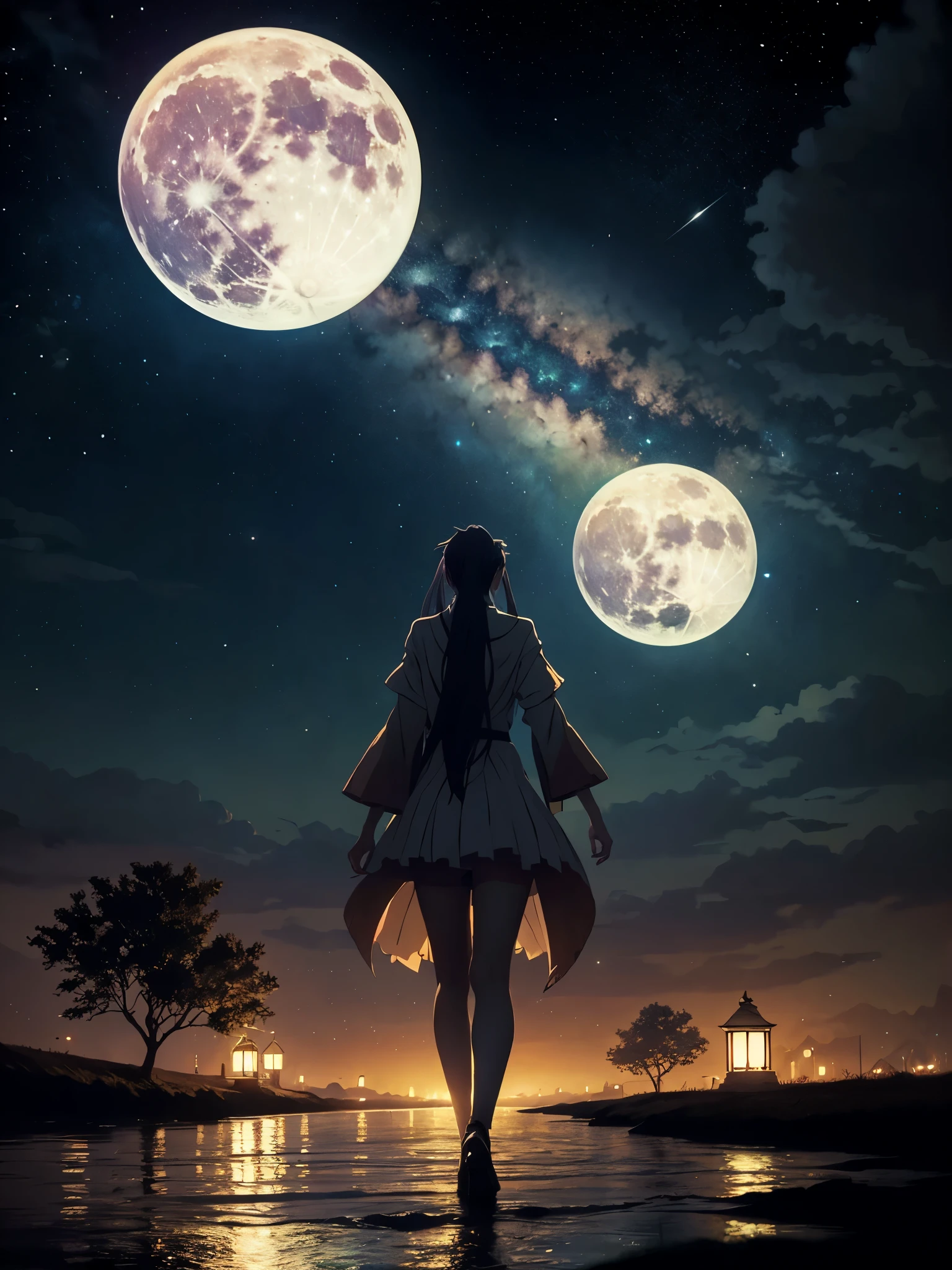 A highly condensed beauty dressed in a painting of stars and moons in the river and sky, concept art inspired by Tosa Mitsuoki, pixiv competition winner, best quality, fantasy art, beautiful anime scenes, a round of bright moon, starry sky environment in the moonlight, dream painting, anime background art, dream landscape art, fantastic night, anime background, background artwork, fantastic art, atmospheric anime, starry sky, detail enhancement, tara.tainton 