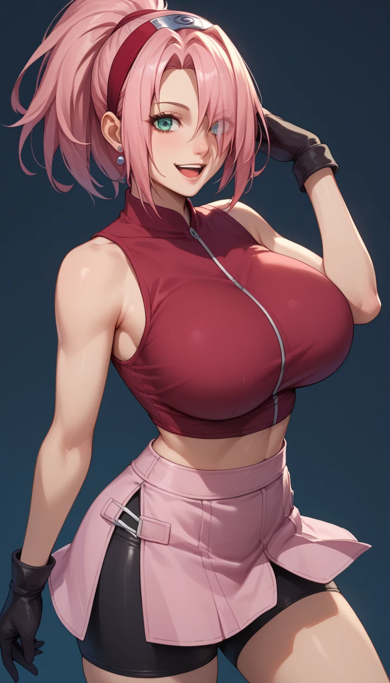 score_9, score_8_up, score_7_up,score_6_up, score_5_up, score_4_up , 1girl, solo, huge breasts, 1girl, haruno sakura, pink hair, short, hair, green eyes, forehead protector, sleeveless, red shirt, bike shorts, shorts, black gloves, yamanaka ino, hair over one eye, ponytail, hairclip, blue eyes, purple crop top, sleeveless, purple skirt, fishnets, earrings, happy, cowboy shot, simple background