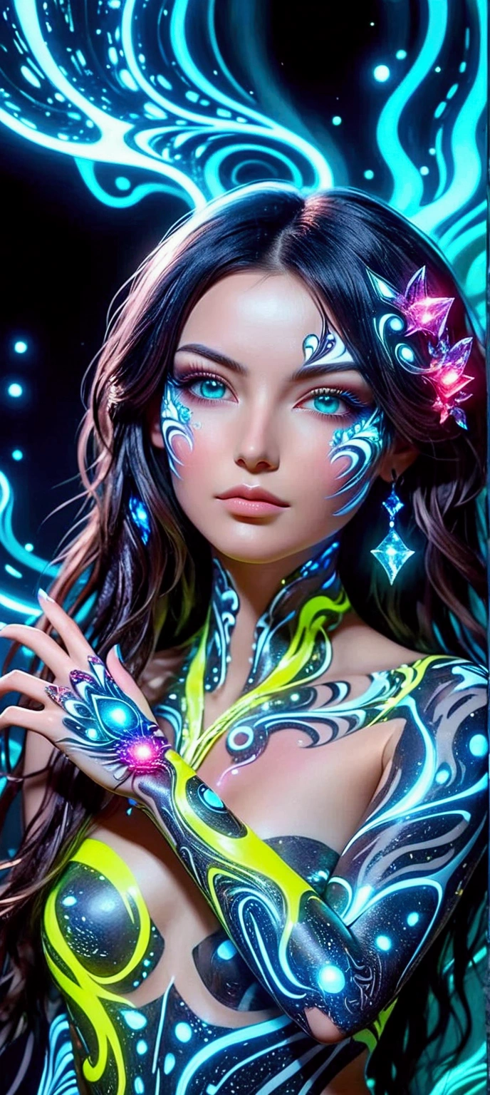 "An abstract portrait of a girl, her features merging with surreal elements: glowing crystalline fragments forming her face, vibrant holographic textures flowing like liquid light. Her hair is a cascade of energy waves, blending neon pinks, blues, and greens, surrounded by a cosmic background of swirling galaxies. The style is a fusion of cubism and futuristic digital art, emphasizing asymmetry and ethereal beauty."
