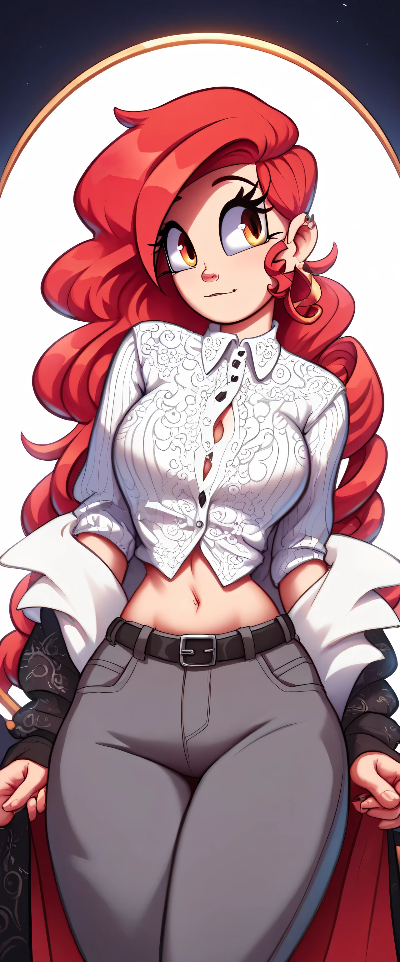  A beautiful woman Beautiful sexy sexy sexy red hair shiny wavy curly long smooth her eyes light red long eyelashes dresses stripe shirt black white button shows navel and dark gray pants black belt black heel gold ear earring