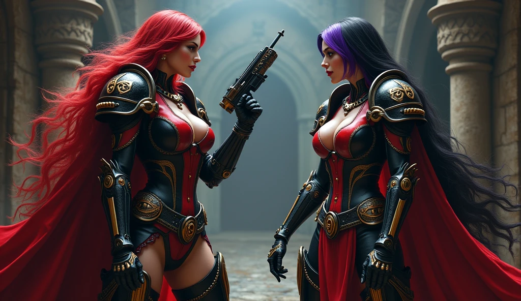 Full body pose Angelina Jolie, Jennifer Saunders, sexy sisters of battle from the warhammer 40k, shooting at the enemy, red space marine armor with intricate details, white space marine armor with intricate details, symbols on the armor, sisters of battle, warhammer 40k, Massive exposed silicone breast, pale skin, seductive, temptation, eat your soul, clevage, long red flowing hair, long black flowing hair with purple highlights, heavy gothic makeup, at night, neon, beautiful detailed eyes, beautiful detailed lips, extremely detailed eyes and face, long eyelashes, highly detailed armor, intricate futuristic weaponry, dramatic lighting, cinematic composition, muted color palette, gritty and realistic, mecha, science fiction, hyper-detailed, photorealistic, award winning digital art, 8k, HDR, masters work, in the middle of a battle field, full body combat action pose, explosions and fire around, full war, stunning, Stilleto heels, high heels, full body pose, cinematic, movie trailer, final stand!, nemesis, ready to strike, dust and debree, combat screams, attacking, shooting at the enemy, running forward, last line of defense, charging, fanatic, religious, templar knights, sisters of battle, warhammer 40k, shooting at the enemy, bimbo gigantic exposed breast, jetpacks, space marine, stilleto heels, cinematic light, cameltoe pussy, beautiful pussy, wet pussy, wet body, oiled body, gigantic breast, dynamic super sexy combat action pose