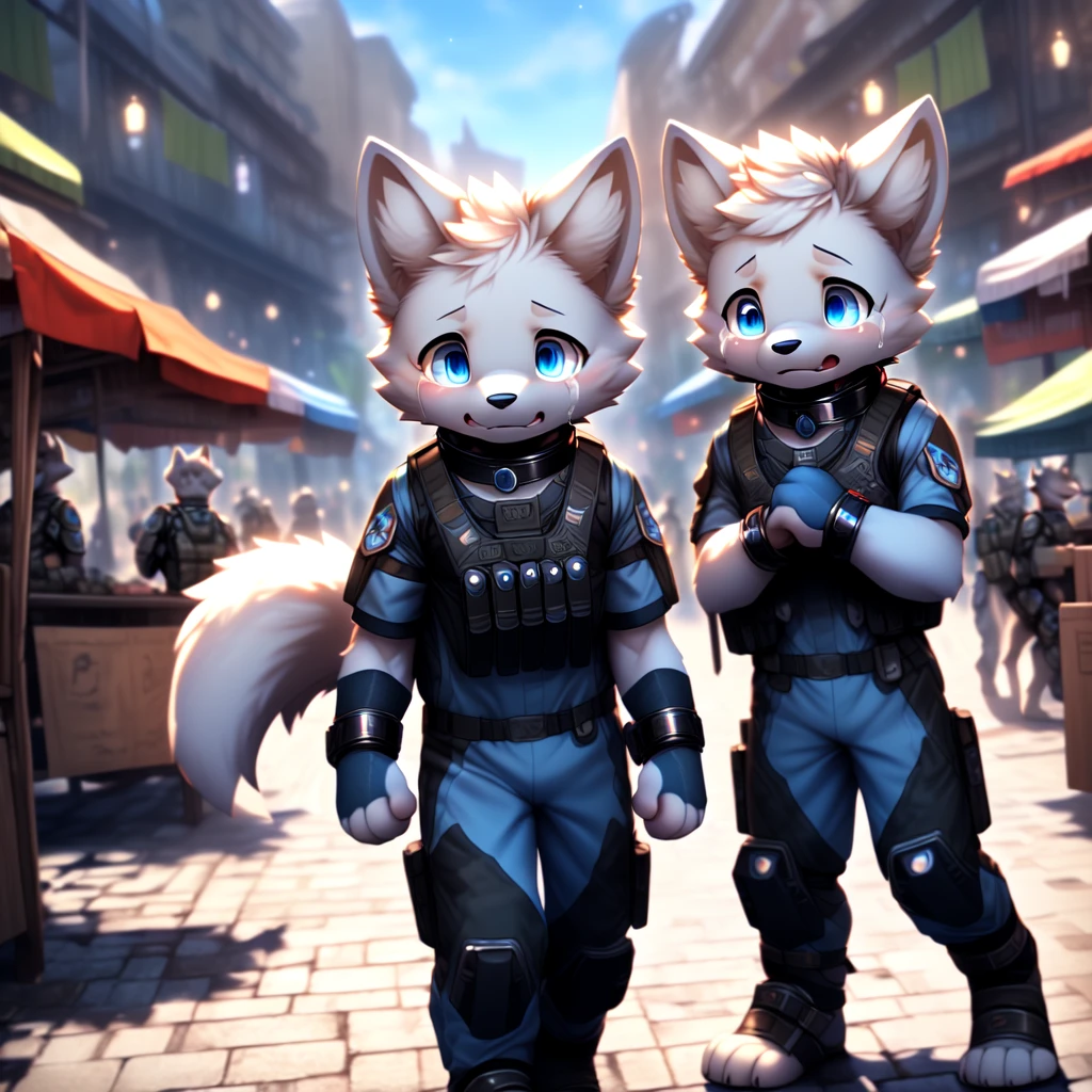 ( detailed crying ,  detailed face ,  detailed background,  detailed body ),  detailed quality, 4K,  high resolution, highly detailed
Two cute little wolf puppies.
(very young), ( very cute), ( white fur ), ( blue eyes ), ( collar around the neck ), ( on a big market square), ( iron cuffs on the wrists), (embarrassed expression), ( is wearing a combat suit).
