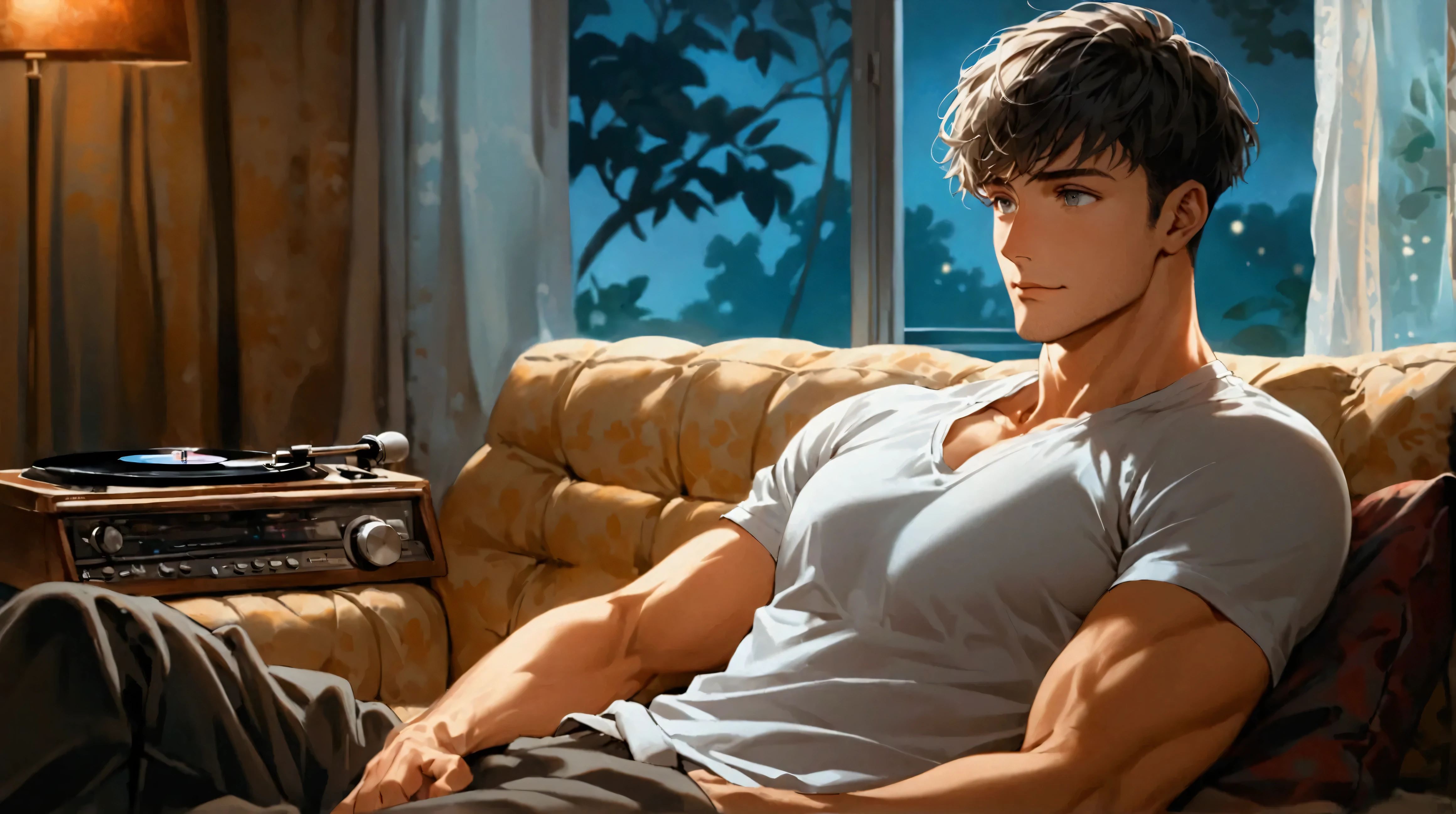 Illustrate the coziest bed room ever. A man in his thirties lies down on his back on a couch at a quiet night. Beside the couch, a nice record player is placed. The man is in a very relaxing mode with a happy and pleasant expression. He has a crew cut dark blonde hair, squared face, ((gray eyes)), pale complexity and athletic physique. He wears a room wear with a white t-shirt and a pair of jogging pants. (side view), ((full body)), soft lighting, highly detailed, intricate, ((looking away)), ((medium wide shot)), home sweet home, cozy vibe, best quality, soft room lighting, night room lighting