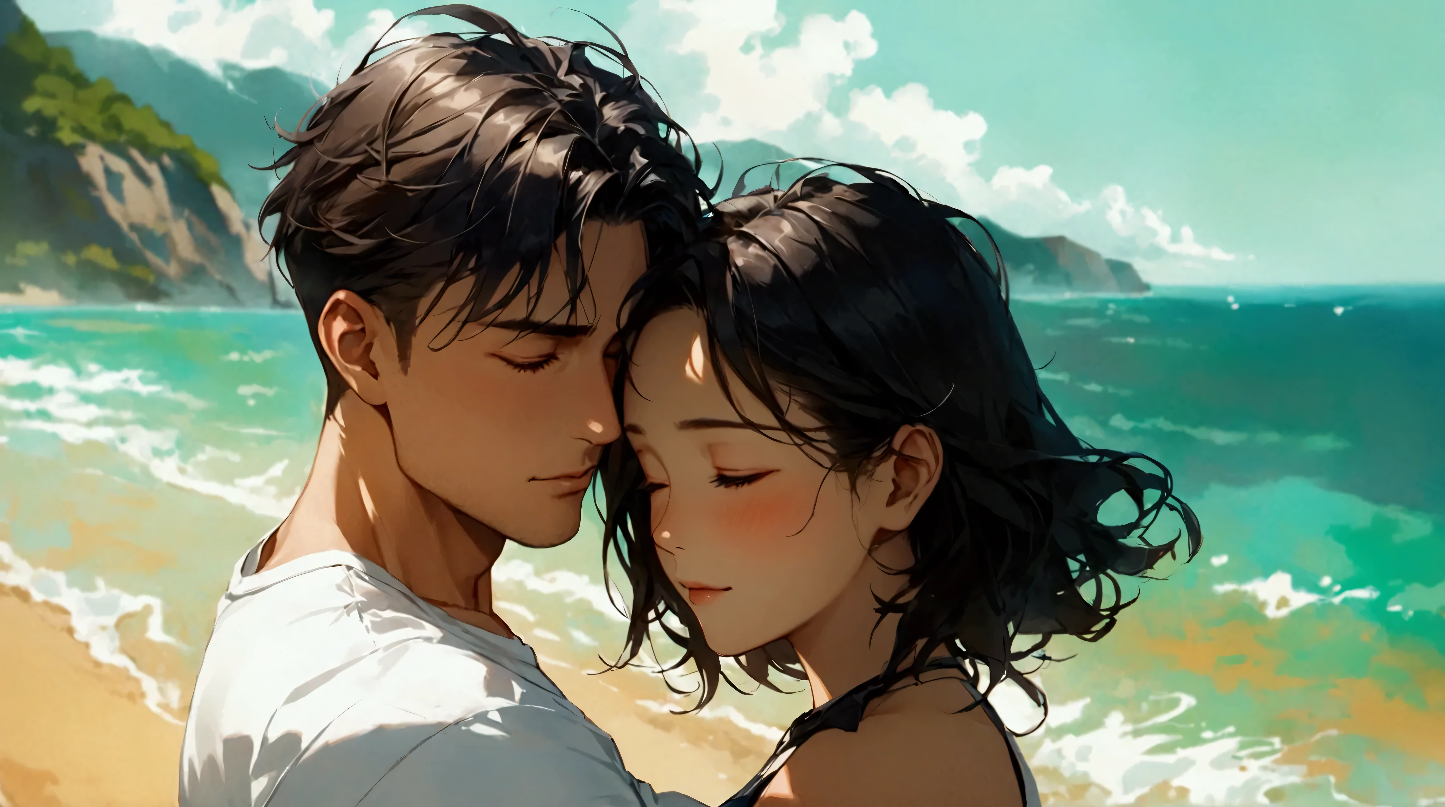 Portray the most dramatic scene of all time. In this scene, there is an international couple, featuring an European man in his thirties hugs his Asian girlfriend. He has a square face with green eyes and a muscular physique, coiffed light brown hair. He is dressed in a white t-shirt with beach trunks. She has round black eyes, oval face, low cheek bones, long silky black hair and she wears a high-waist skirt in marine print. The touch of blush shows their happiness and strengthens this romantic scene of warmth, love and carefree joy. The background features a turquoise ocean with the outline of mountains far away. height difference couple, age difference couple, (couple shot), beautiful eyes, ((medium wide shot)), (expressionless), ((from above)), (closed eyes), ((light brown hair)), (wide view), ((full body)), (looking away), very fine, best quality, add_detail:1, add_detail:0, add_detail:0.5
