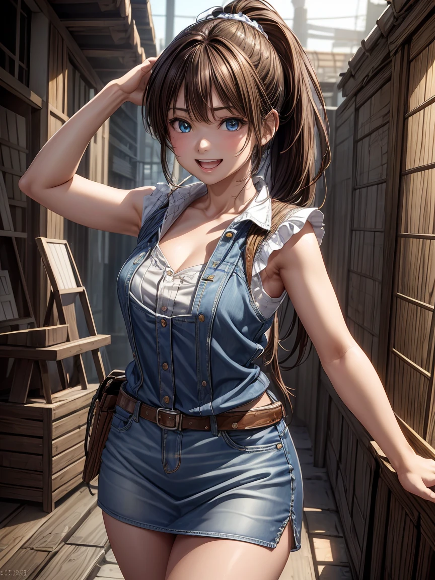(top quality、masterpiece、very high resolution、Ultra high quality、High quality pixels)、perfect eyes, perfect face, alone,8k, F cup breasts,(Detailed description of hair), (Detailed description of face),(detailed description of body), Fair and translucent skin, gorgeous, long legs, facing the audience, Professional photography lighting,Detailed brown eyeball, Dark brown hair,Girlfriend style,gentle expression,Cowboy shooting,Ponytail,magazine cover,summer fashion clothing magazine titles,Waist length hair, girlfriend ssmile