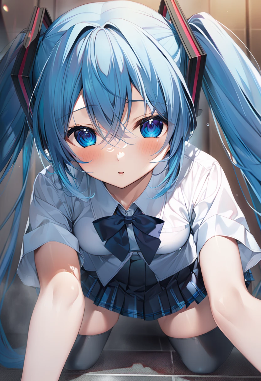 masterpiece, very detailed 、Inside the school、 Hatsune Miku ,、 very long hair 、Dark Blue Skirt、Growing breasts、Slightly modest breasts 、I'm wearing a short-sleeved school uniform shirt 、 twin tails、 wearing knee socks 、,シャツの胸部分をはだけてGrowing breastsが見えている、Hypnotized eyes 