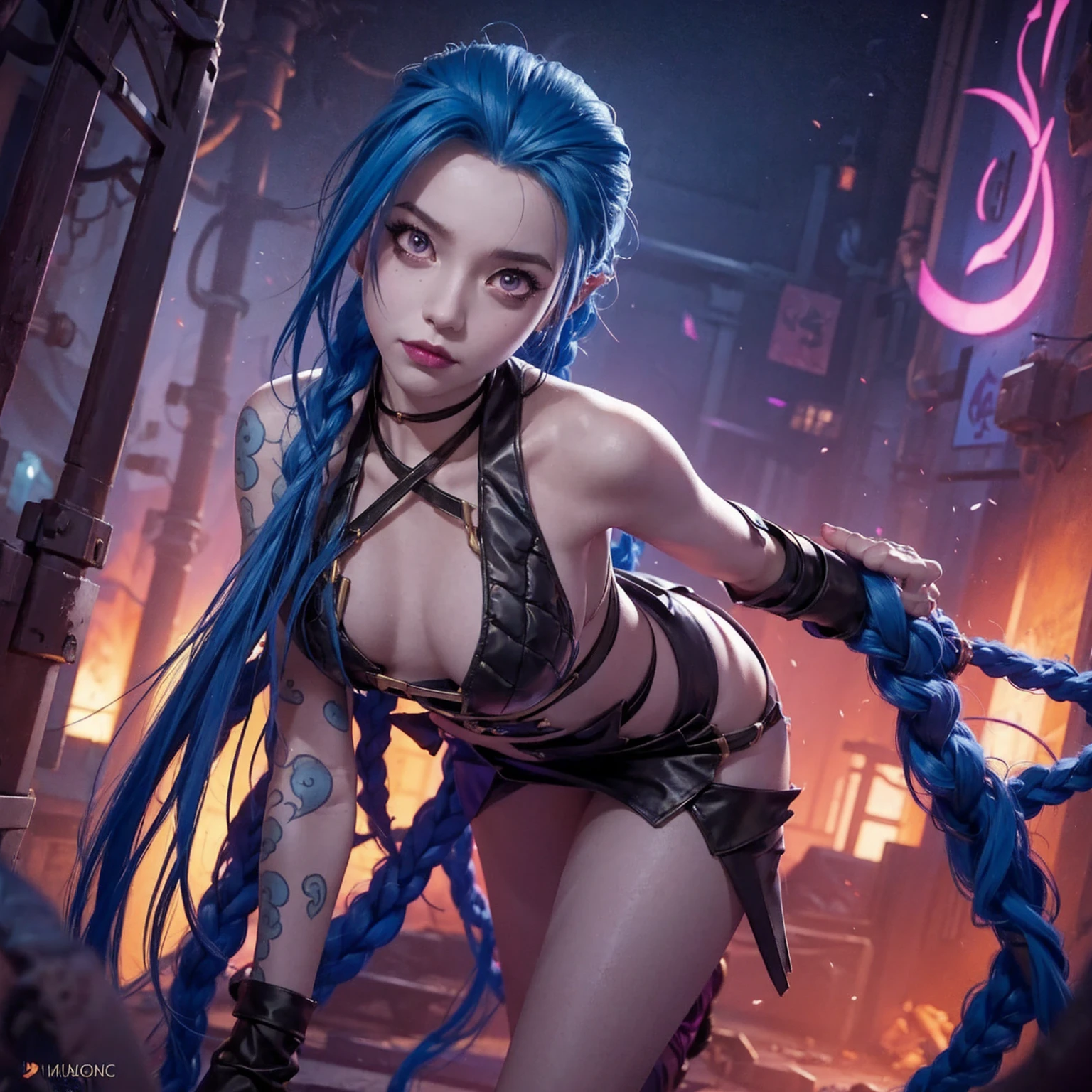  It represents Jinx from 'Arcane' in a seductive and provocative pose, Anime girl, Full Art, ilustración de Full Art,  official art ,  illustration of an official character ,  shot from an extreme low angle ,  walking towards you 