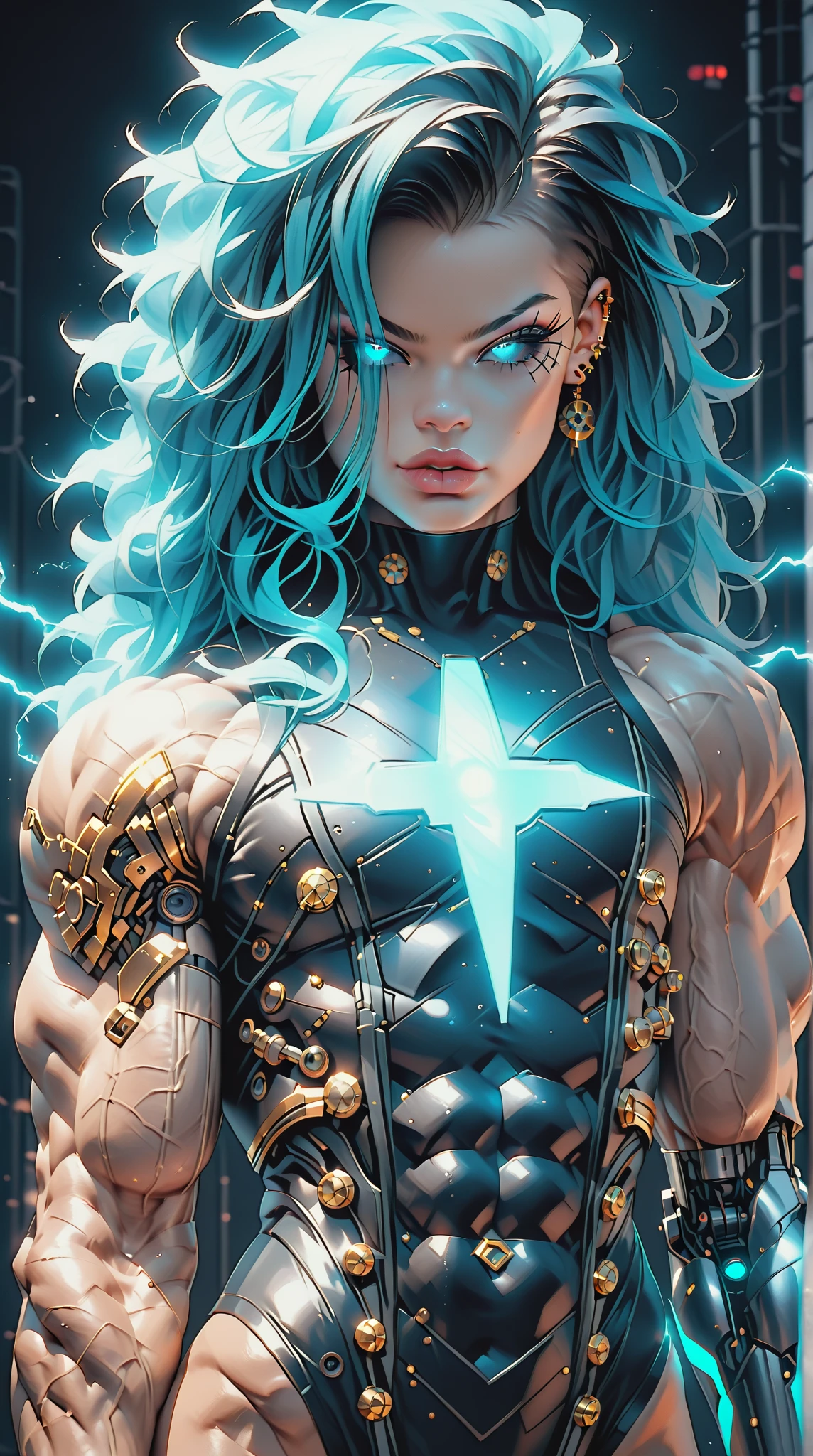 (nsfw:1), (Uncensored:1), score_9, score_8_up, score_7_up, (three quarters Shot), (1 girl), (asian), beautiful teenage (skinny) muscular goth cyborg girl, (full Cybernetic bodysuit:1.5), (black sclera:1.5), (blue glowing eyes:1.5), (blue glowing electric veins:1.25), (flat chest:1.25), (blue glowing hair:1.25), (beautiful face:1.25), (bodybuilder muscular physique:1.5), (strands of electricity emanating from body:1.25), (intricate gold filigree:1.5), bimbo lips, cowboy shot, cybernetic, mechanoid body parts, exposed cables and circuits, neon lights, gothic neon style, cyber punk style, super realistic image, beautiful digital paint ,DonMPl4sm4T3chXL, hyper Realistic illustrations, CyberRealistic_Negative_PONY