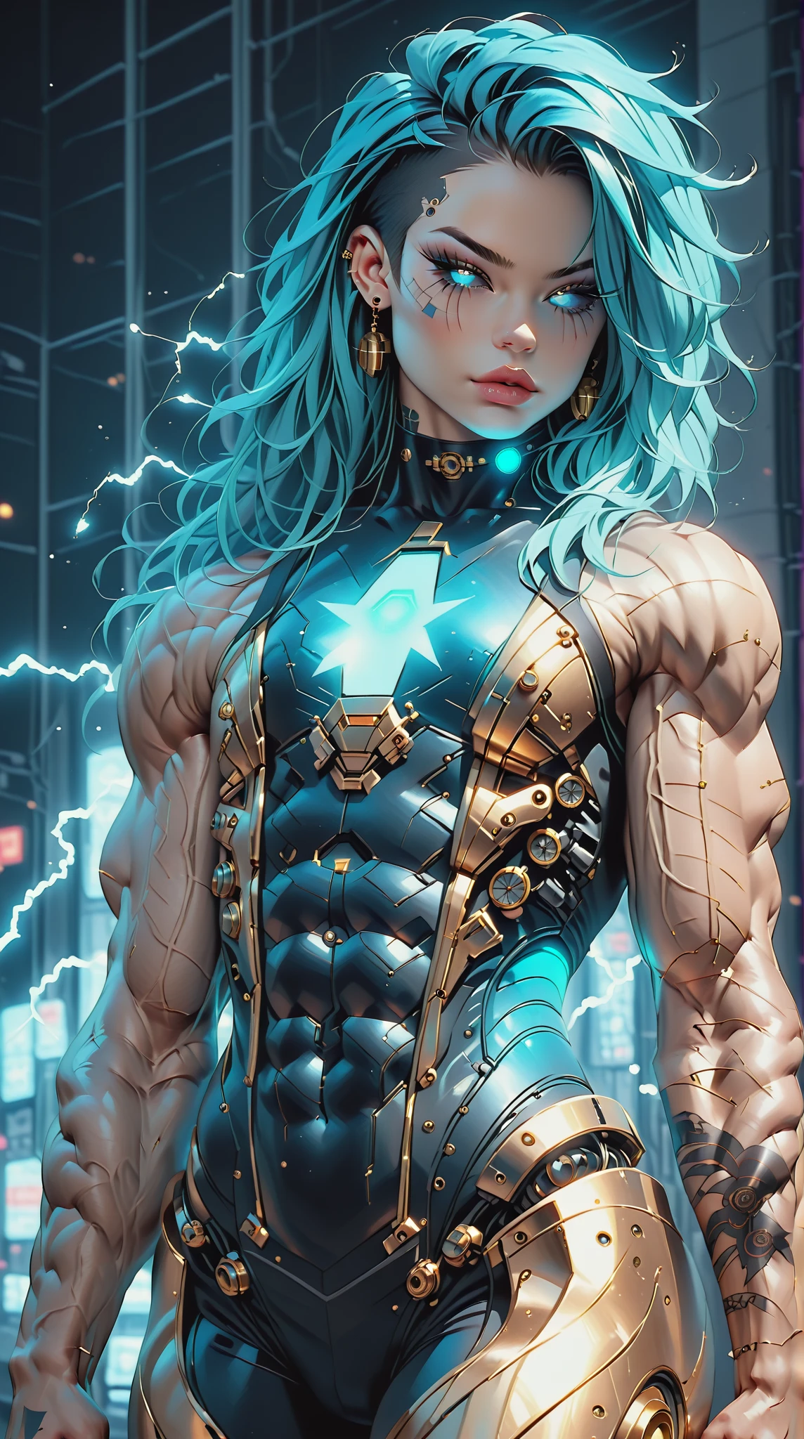 (nsfw:1), (Uncensored:1), score_9, score_8_up, score_7_up, (three quarters Shot), (1 girl), (asian), beautiful teenage (skinny) muscular goth cyborg girl, (full Cybernetic bodysuit:1.5), (black sclera:1.5), (blue glowing eyes:1.5), (blue glowing electric veins:1.25), (flat chest:1.25), (blue glowing hair:1.25), (beautiful face:1.25), (bodybuilder muscular physique:1.5), (strands of electricity emanating from body:1.25), (intricate gold filigree:1.5), bimbo lips, cowboy shot, cybernetic, mechanoid body parts, exposed cables and circuits, neon lights, gothic neon style, cyber punk style, super realistic image, beautiful digital paint ,DonMPl4sm4T3chXL, hyper Realistic illustrations, CyberRealistic_Negative_PONY