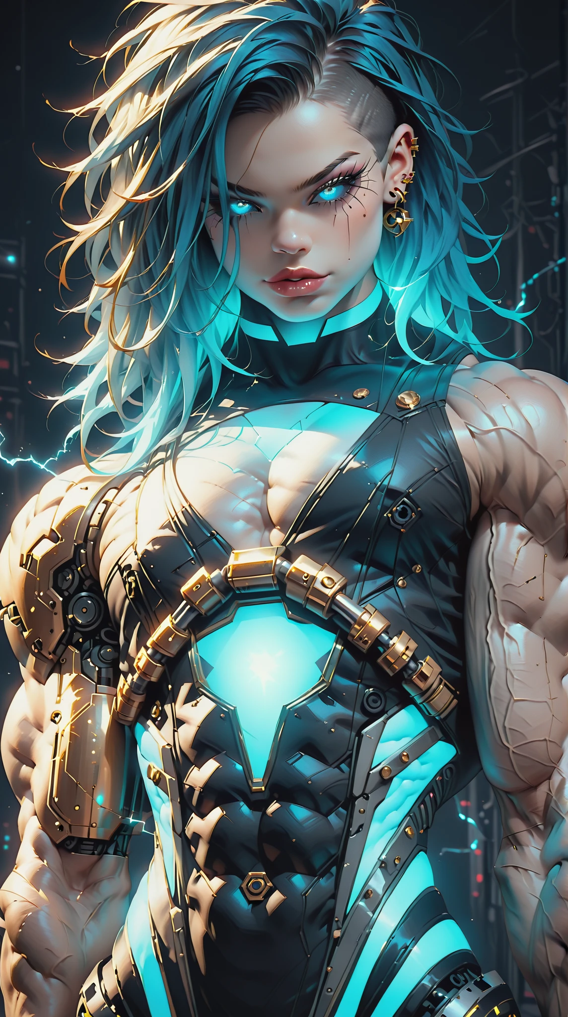 (nsfw:1), (Uncensored:1), score_9, score_8_up, score_7_up, (three quarters Shot), (1 girl), (asian), beautiful teenage (skinny) muscular goth cyborg girl, (full Cybernetic bodysuit:1.5), (black sclera:1.5), (blue glowing eyes:1.5), (blue glowing electric veins:1.25), (flat chest:1.25), (blue glowing hair:1.25), (beautiful face:1.25), (bodybuilder muscular physique:1.5), (strands of electricity emanating from body:1.25), (intricate gold filigree:1.5), bimbo lips, cowboy shot, cybernetic, mechanoid body parts, exposed cables and circuits, neon lights, gothic neon style, cyber punk style, super realistic image, beautiful digital paint ,DonMPl4sm4T3chXL, hyper Realistic illustrations, CyberRealistic_Negative_PONY