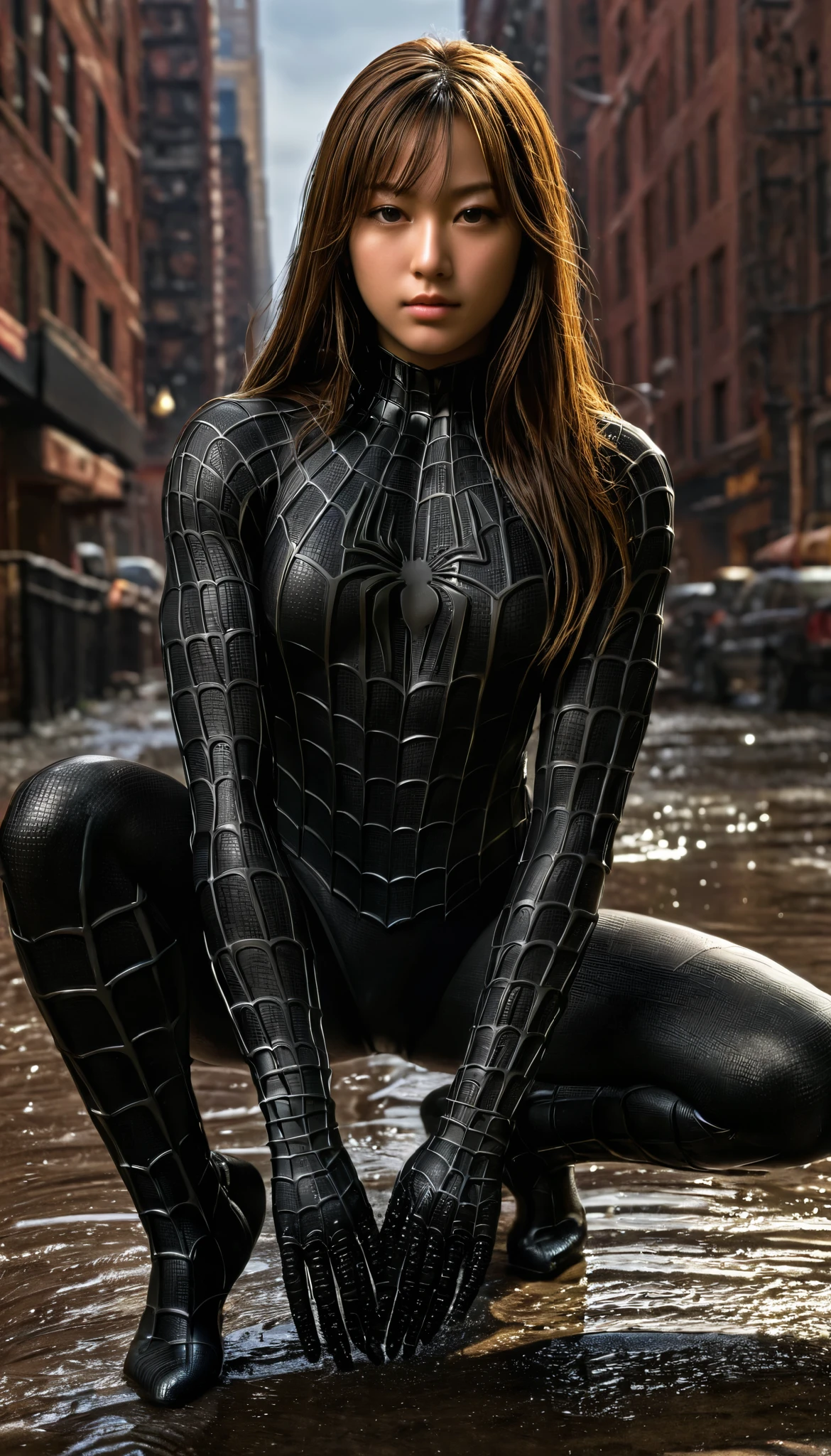 score_9, score_8_up, score_7_up, best quality, realistic, masterpiece, beautiful detail, hyperrealistic, (1girl, woman body, japanese girl), big breasts:1, amazing detailed full body portrait of a beautiful japanese girl, defined muscle girl, wearing a realistic and highly detailed black raimi spider-man suit, ((huge muscular girl)), professional model wears ultra - detailed black raimi spider - man suit, ultra - detailed and grained black raimi spiderman suit, suit covered entire body and hand, black spiderman gloves, wet, sharp nails, (spread legs, arms up, sitting), (dirty skin), close up, octane render, highly detailed, volumetric, dramatic lighting, (highest quality:1.1), (HDR:1.3), (top quality, best quality), realistic, high definition, 