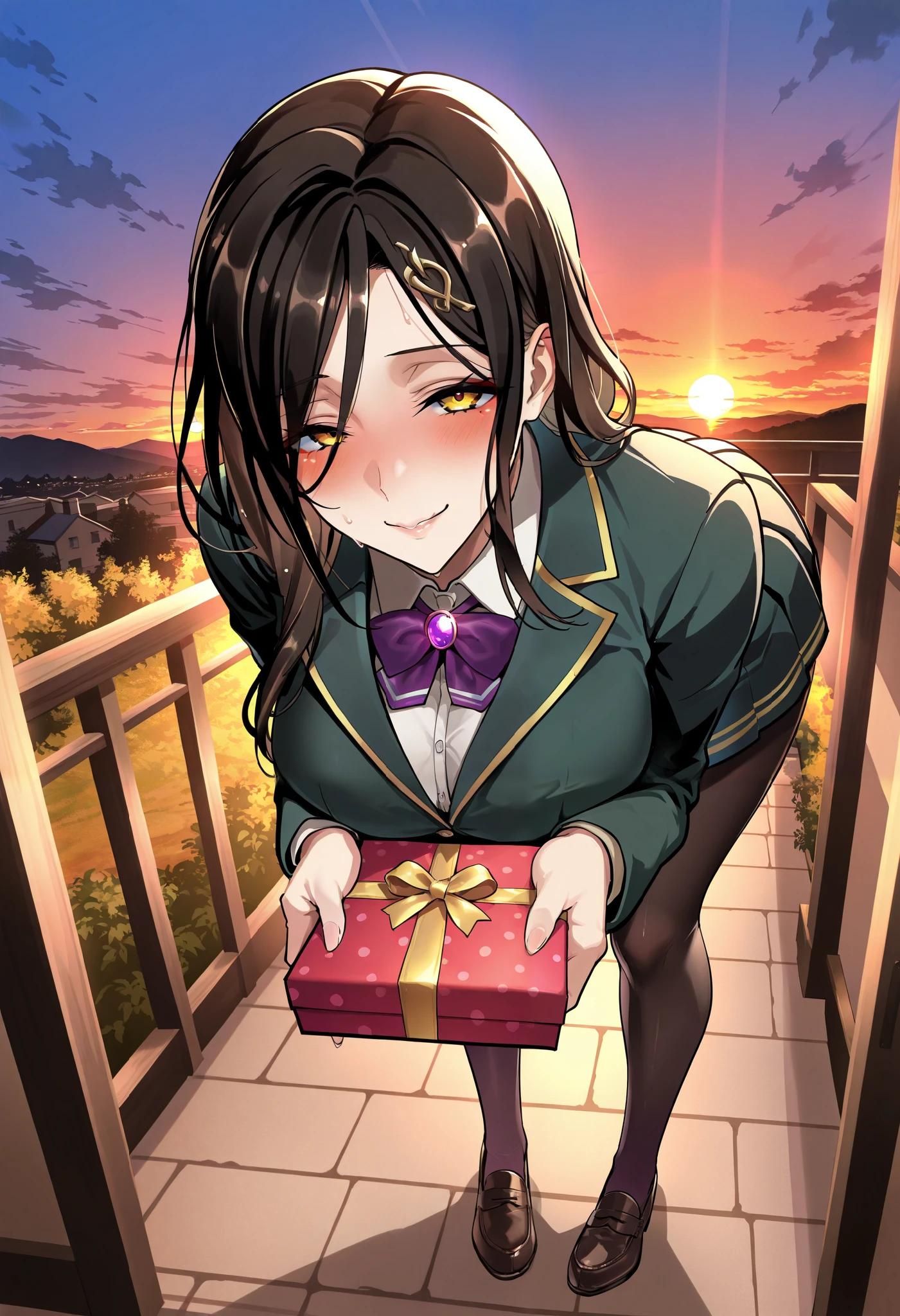 masterpiece, best quality, amazing quality, very aesthetic, newest, solo, 1girl, nijisanji, shirayuki tomoe, alluring face,happy,blush, bent over,gift box,incoming gift,looking at viewer, blazer,shirt,pleated skirt,pantyhose,loafers, outdoors,sky,sunset,