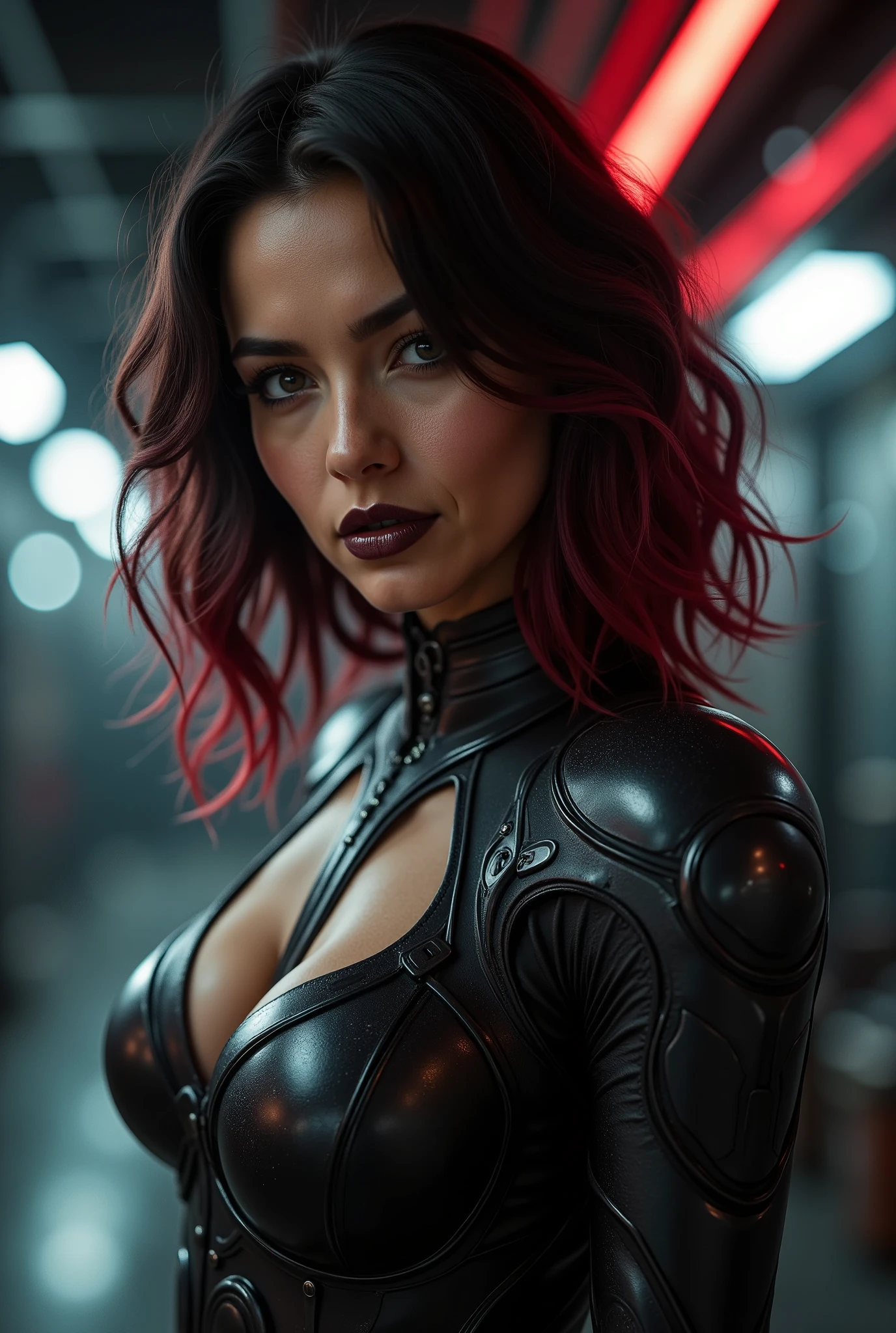 hail33fluxv2 as Rommie from Andromeda, red, black, scifi, bodysuit armor, dark make up, dark shoulder length edgy hair with red highlights, cleavage, captain