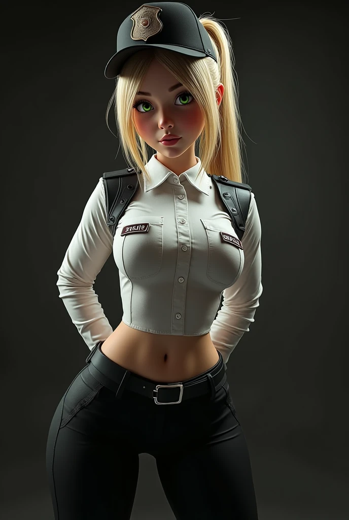 Elizabeth Lail, Vanessa Fnaf ,  Security Guard , tight uniform, camisa blanca, black pauldrons,  Black Pants , black cap 'SECURITY' ,  exaggerated proportions , curvilinear,  blonde hair in a high ponytail, big green eyes,  curious expression ,  delicate face , intense look, flirty pose, high definition, 8K,  masterpiece , fondo blanco,  Realistic details , dark stage,  big boobs, giant ass, curves,  staring into the camera, thin face,  Detailed face, good proportions,