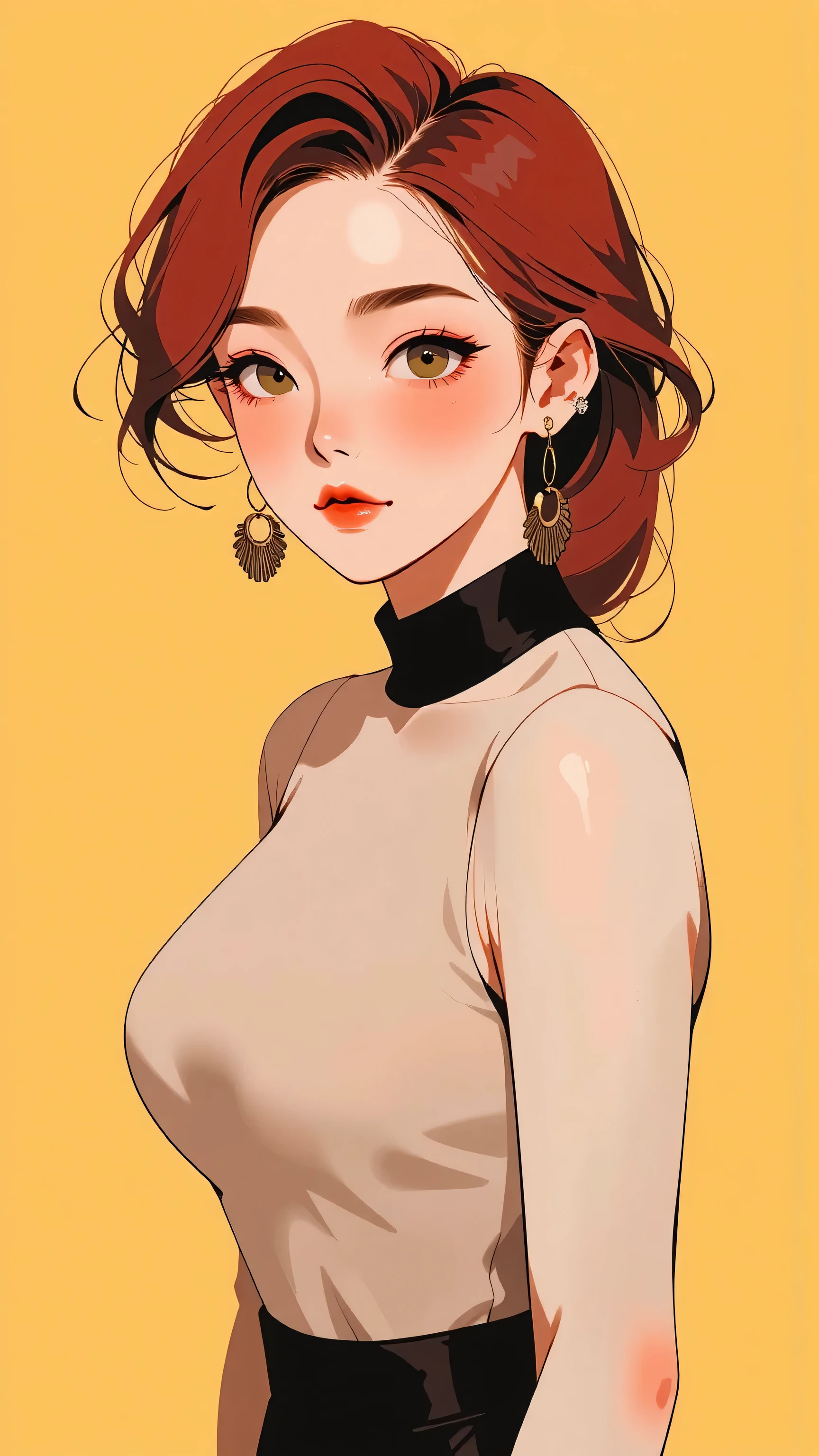 80’s glam rock styling, shiny skin, asian , red hair, yellow eyes, anime, 2.5D, moody lighting, (Red, Yellow, and Orange color palette), abstract ai model, pretty, sexy, minimal, sleek, slender, asian, elegant, chic, futuristic, retro, sophisticated half human half machine, big breasts, cleavage, slender, arms behind back, yellow background, upper body, 
