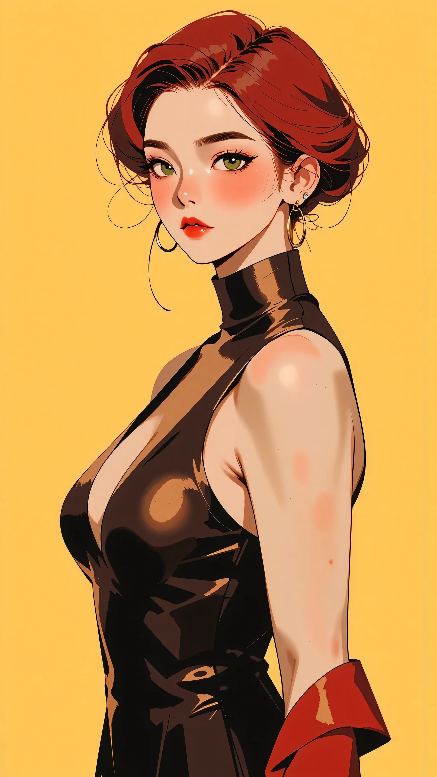 80’s glam rock styling, shiny skin, asian , red hair, yellow eyes, anime, 2.5D, moody lighting, (Red, Yellow, and Orange color palette), abstract ai model, pretty, sexy, minimal, sleek, slender, asian, elegant, chic, futuristic, retro, sophisticated half human half machine, big breasts, cleavage, slender, arms behind back, yellow background, upper body, 
