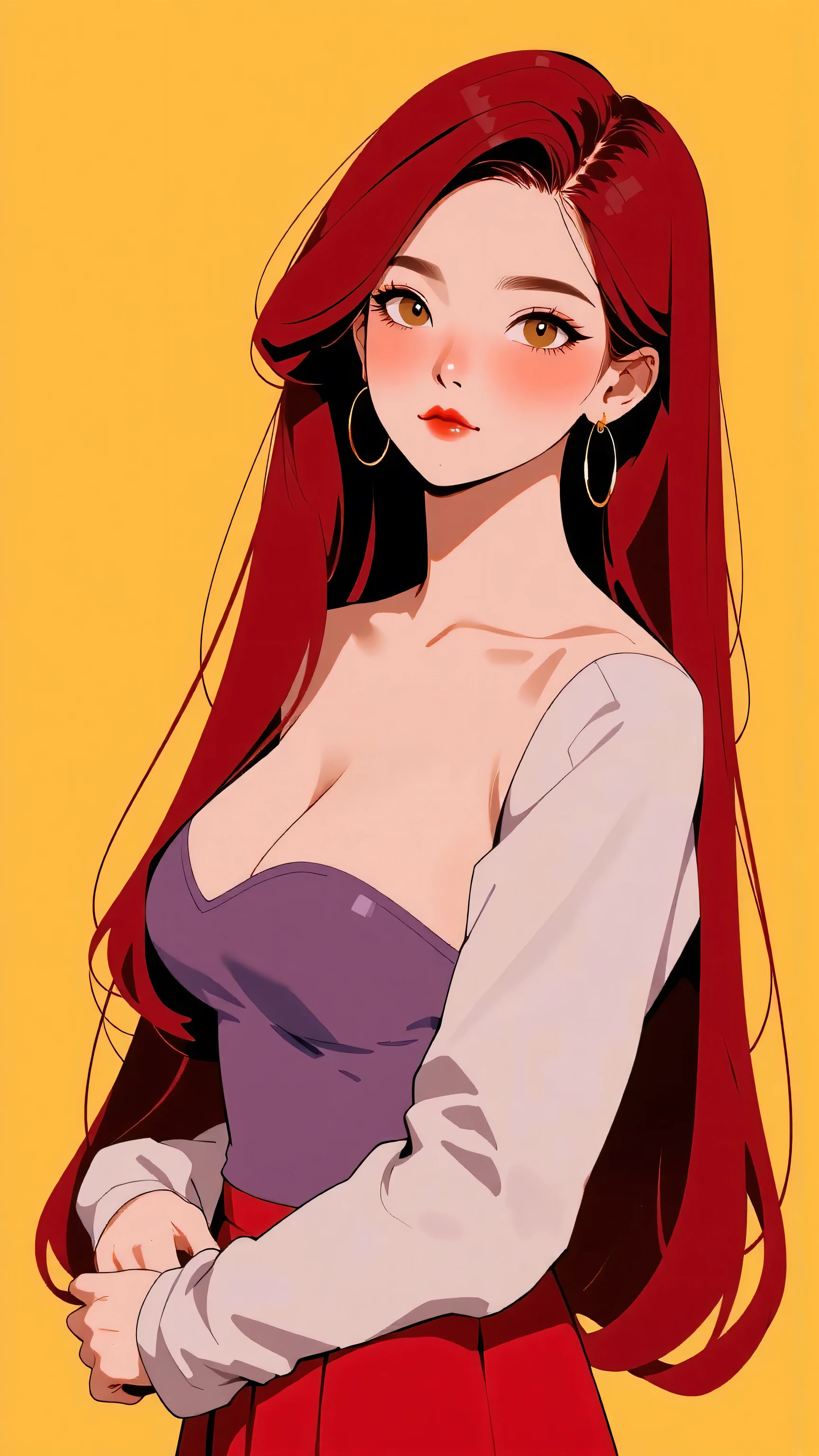 80’s glam rock styling, shiny skin, asian , red hair, yellow eyes, anime, 2.5D, moody lighting, (Red, Yellow, and Orange color palette), abstract ai model, pretty, sexy, minimal, sleek, slender, asian, elegant, chic, futuristic, retro, sophisticated half human half machine, big breasts, cleavage, slender, arms behind back, yellow background, upper body,