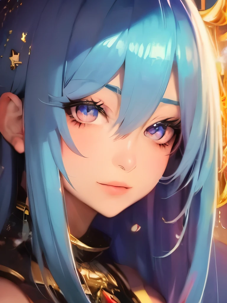 anime girl with stars and gold eyes and blue hair, an anime drawing by Yang J, pixiv contest winner, fantasy art, stars in her eyes, stars in her gazing eyes, neoartcore and charlie bowater, stunning anime face portrait, golden shining eyes, starlit shining eyes, glowing magical eyes, beautiful celestial mage, magical glowing eyes


