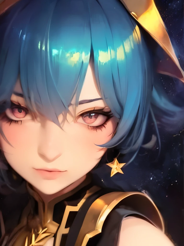 anime girl with stars and gold eyes and blue hair, an anime drawing by Yang J, pixiv contest winner, fantasy art, stars in her eyes, stars in her gazing eyes, neoartcore and charlie bowater, stunning anime face portrait, golden shining eyes, starlit shining eyes, glowing magical eyes, beautiful celestial mage, magical glowing eyes


