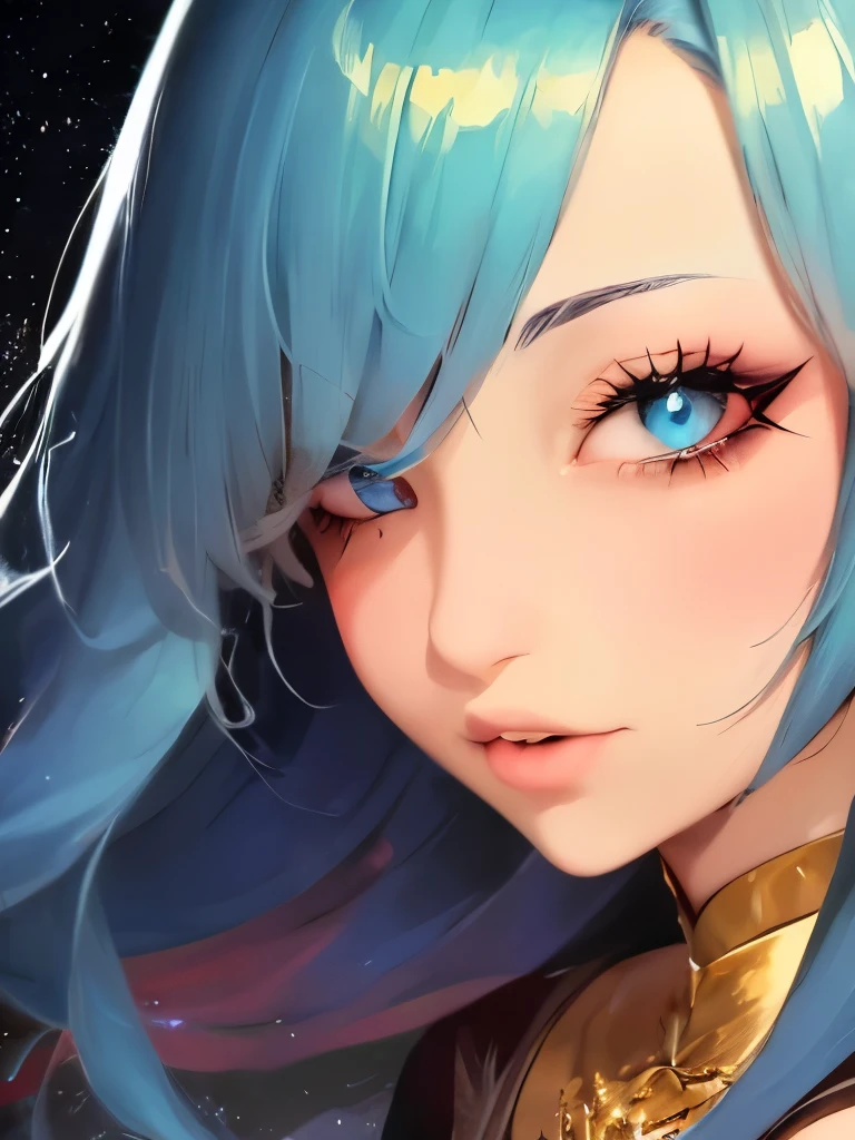 anime girl with stars and gold eyes and blue hair, an anime drawing by Yang J, pixiv contest winner, fantasy art, stars in her eyes, stars in her gazing eyes, neoartcore and charlie bowater, stunning anime face portrait, golden shining eyes, starlit shining eyes, glowing magical eyes, beautiful celestial mage, magical glowing eyes


