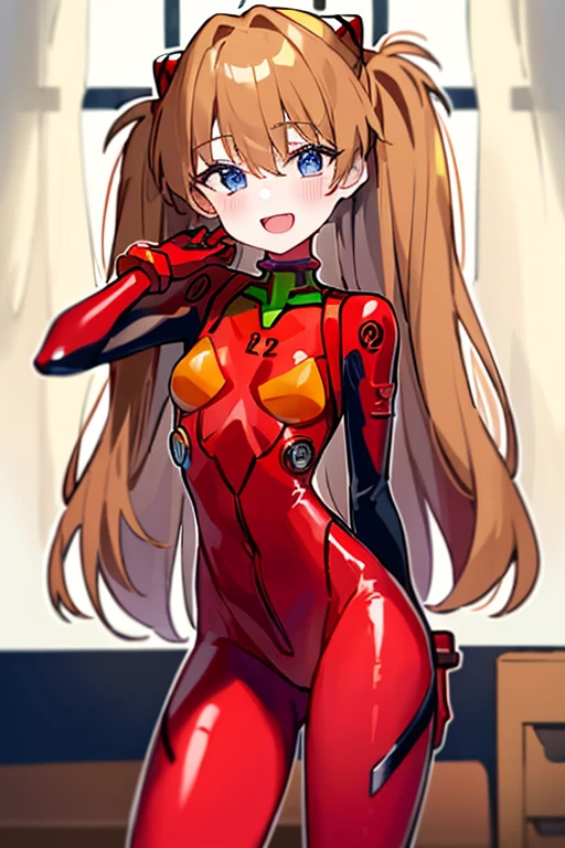 (( top quality)), ((masterpiece)), (be familiar with),  perfect face, indoor, bedroom,  watching viewers ,
One woman,  Soryu Asuka Langley,
 open mouth,  with an ecstatic expression , blush, smile,
 small tits,  flat chested, Young girl, Lori,  s,  girl,
 long hair,  twin tails,
Leg spread,