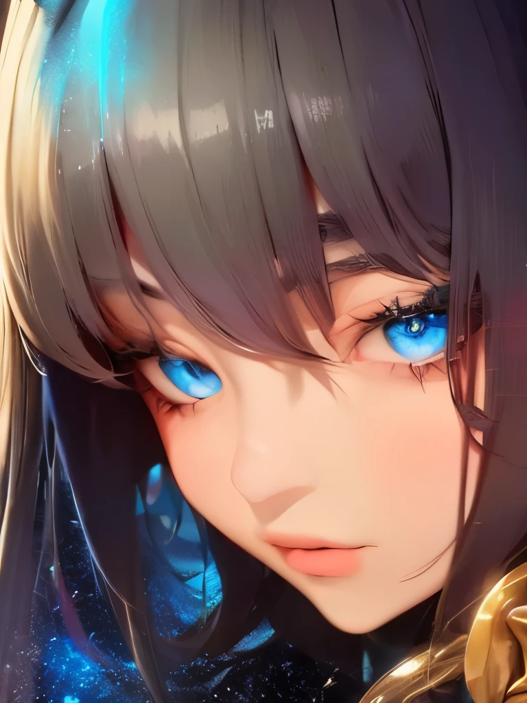 anime girl with stars and gold eyes and blue hair, stars in her eyes, stars in her gazing eyes, neoartcore and charlie bowater, stunning anime face portrait, golden shining eyes, starlit shining eyes, glowing magical eyes, beautiful celestial mage, magical glowing eyes, stars are hidden in the eyes, magical eyes, starry eyes, anime art nouveau cosmic display