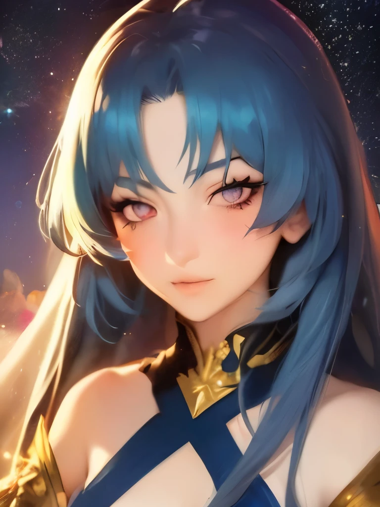 anime girl with stars and gold eyes and blue hair, stars in her eyes, stars in her gazing eyes, neoartcore and charlie bowater, stunning anime face portrait, golden shining eyes, starlit shining eyes, glowing magical eyes, beautiful celestial mage, magical glowing eyes, stars are hidden in the eyes, magical eyes, starry eyes, anime art nouveau cosmic display