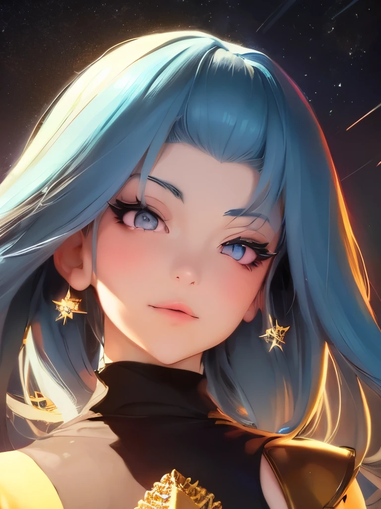 anime girl with stars and gold eyes and blue hair, an anime drawing by Yang J, pixiv contest winner, fantasy art, stars in her eyes, stars in her gazing eyes, neoartcore and charlie bowater, stunning anime face portrait, golden shining eyes, starlit shining eyes, glowing magical eyes, beautiful celestial mage, magical glowing eyes


