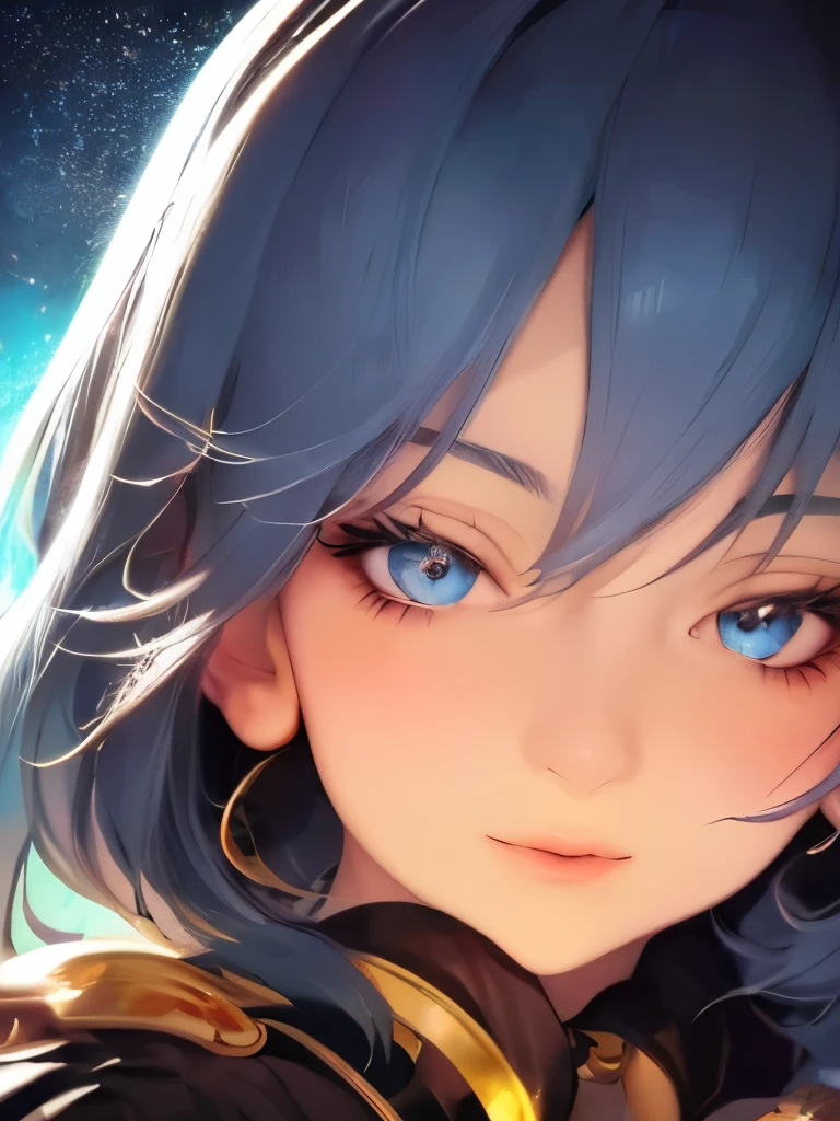 anime girl with stars and gold eyes and blue hair, an anime drawing by Yang J, pixiv contest winner, fantasy art, stars in her eyes, stars in her gazing eyes, neoartcore and charlie bowater, stunning anime face portrait, golden shining eyes, starlit shining eyes, glowing magical eyes, beautiful celestial mage, magical glowing eyes


