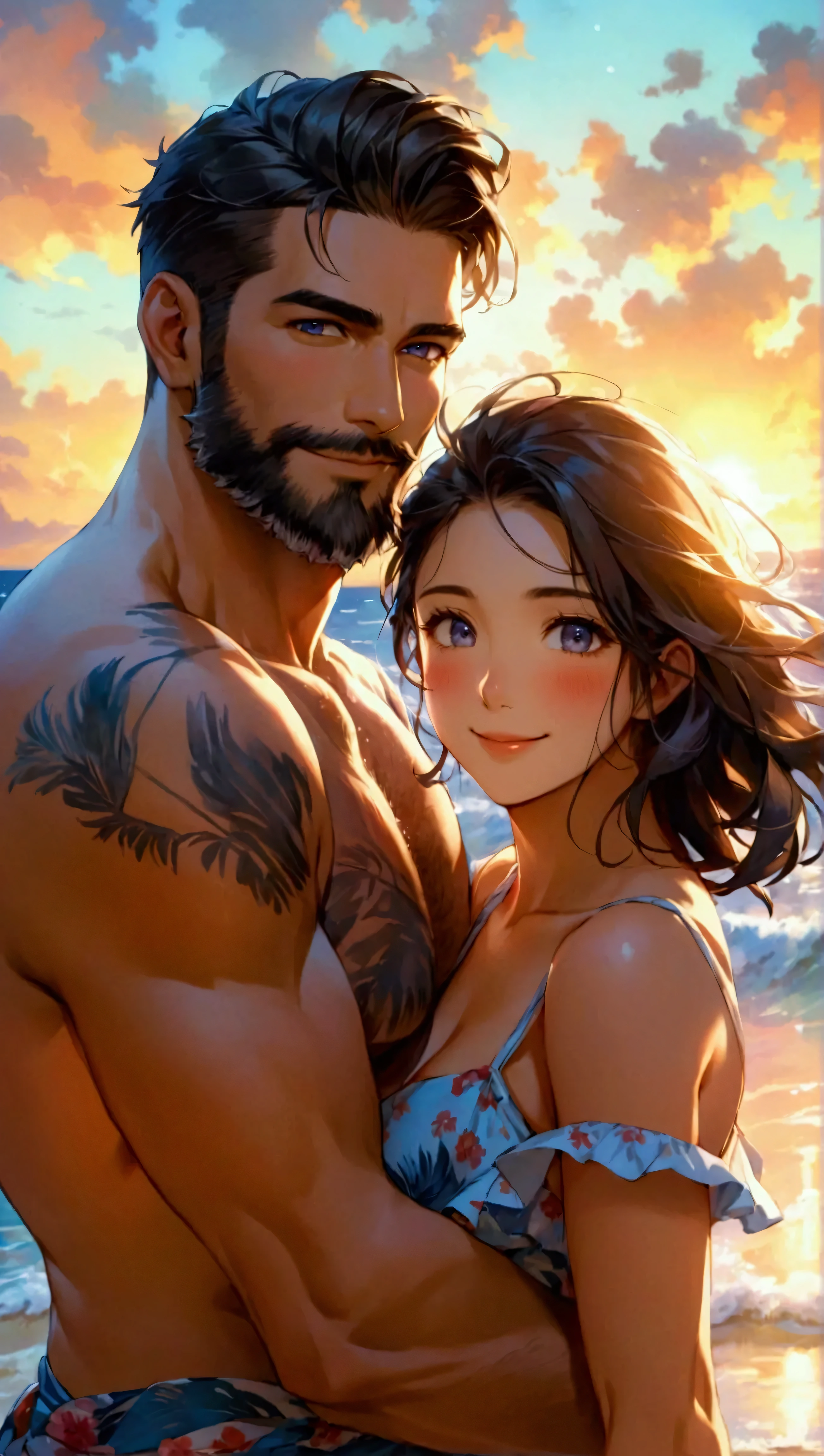 Flickering waves of the ocean after the sunset under the starry sky. The muscular Caucasian man in his thirties, dressed in a marine print beachwear, gracefully dancing with his charming Japanese girlfriend in her twenties, who is wearing a high-waist skirt in marine print. The man has a confident and protective aura, she looks up at him with a radiant smile, her silky black hair flowing in the ocean breeze. Both have a touch of blush, showing their happiness. The scene is full of warmth, love, and the carefree joy of a perfect beach evening. European man with groomed beard, young Japanese girl, age difference couple, height difference couple, beautiful eyes, looking at viewer, couple shot, male with beard, smile, blushed, wide view, dancing, lovers