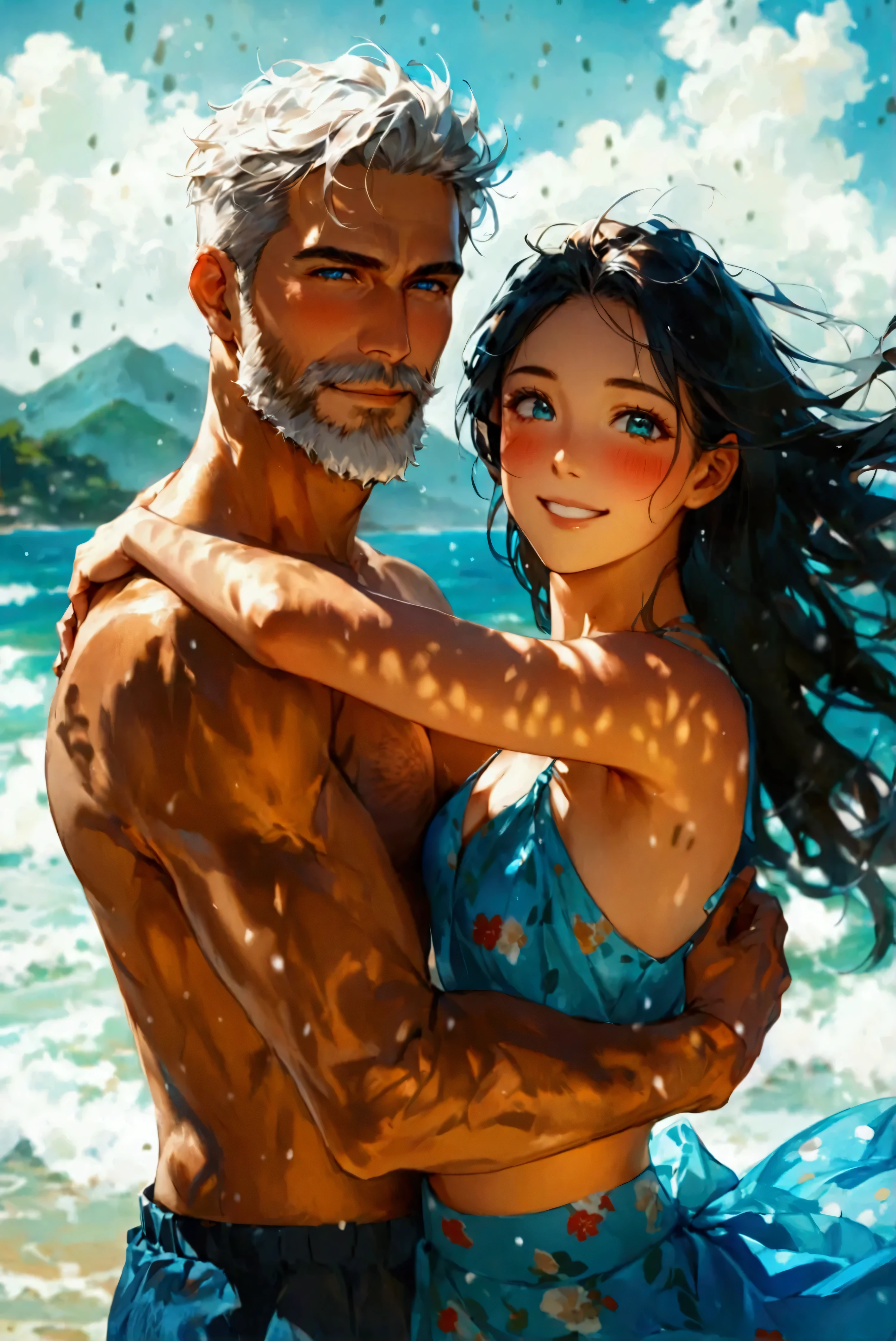 An athletic Caucasian man in his thirties, recessed in beach wear is gracefully dancing with his beautiful Japanese girlfriend wearing a blue high-waist skirt in marine print. In the confident posture of dance, she looks up at him with a gentle grin when her silky black hair is flowing in the ocean breeze. The touch of blush shows their happiness and strengthens this romantic scene of warmth, love and carefree joy. The background features a turquoise ocean with the outline of mountains far away. Caucasian man with groomed beard, young Japanese girl, age difference couple, height difference couple, beautiful eyes, looking at viewer, couple shot, male with beard, smile, blushed, wide view, dancing, lovers