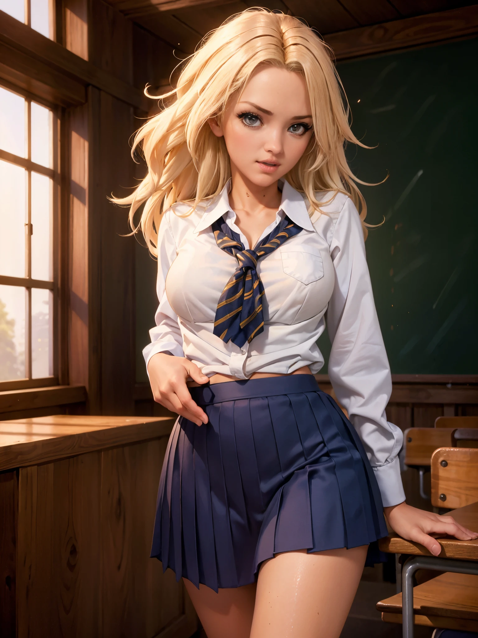 25-year-old woman, milf, ((in the classroom)), ((school uniform)), RAW photo, (photorealistic: 1.37, realistic), highly detailed unified CG 8K wallpapers, 1girl, (((perfect body: 1.1)), (medium breasts: 1.2), looking at the viewer, (((straight from the front)))), (HQ skin:1.2, shiny skin), 8k uhd, dslr, soft lighting, high quality, film grain, Fujifilm XT3, ((full body:  0.8)), (professional lighting:1.4) ,frankie.babe