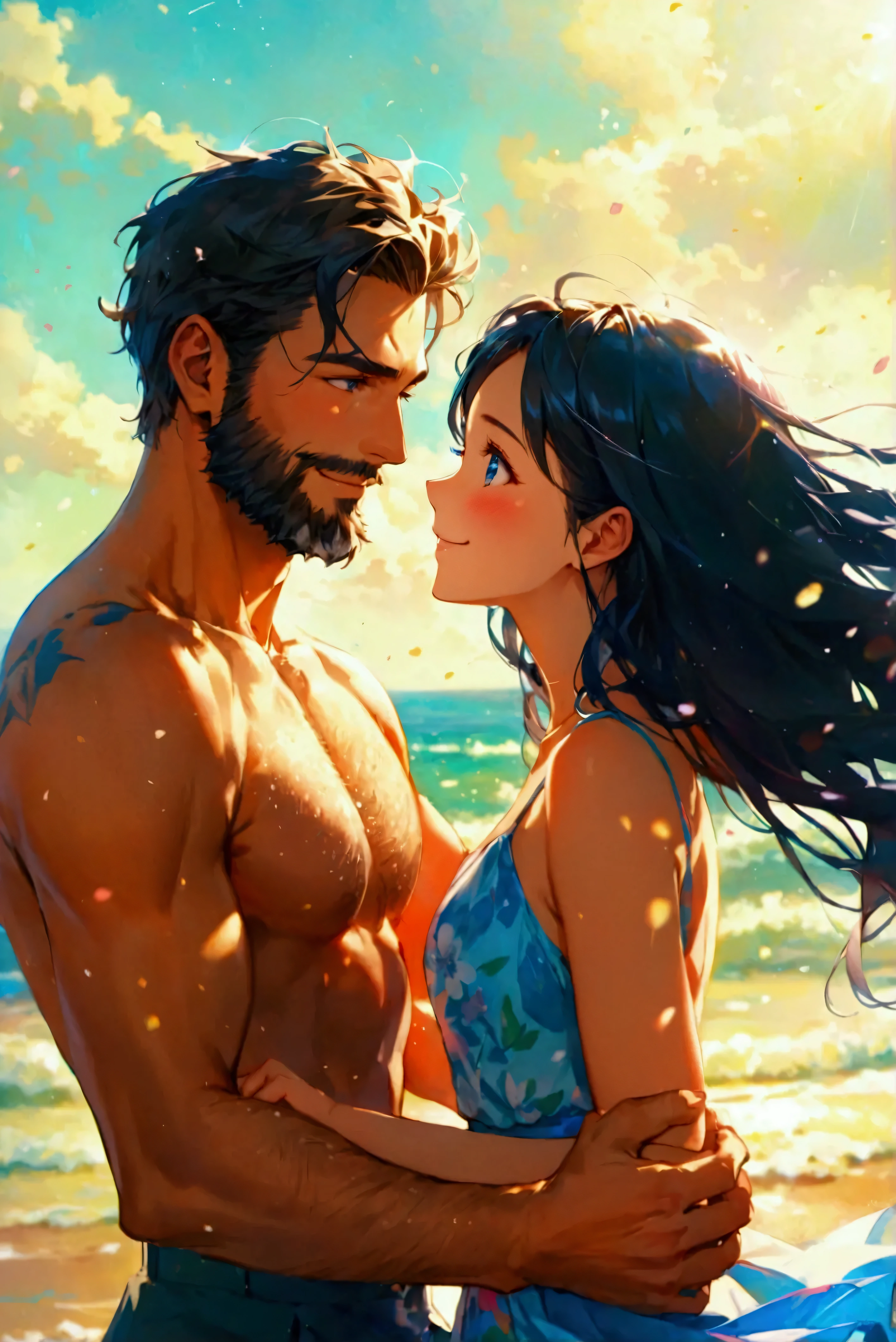An athletic Caucasian man in his thirties, recessed in beach wear is gracefully dancing with his beautiful Japanese girlfriend wearing a blue high-waist skirt in marine print. In the confident posture of dance, she looks up at him with a gentle grin when her silky black hair is flowing in the ocean breeze. The touch of blush shows their happiness and strengthens this romantic scene of warmth, love and carefree joy. Caucasian man with groomed beard, young Japanese girl, age difference couple, height difference couple, beautiful eyes, looking at viewer, couple shot, male with beard, smile, blushed, wide view, dancing, lovers