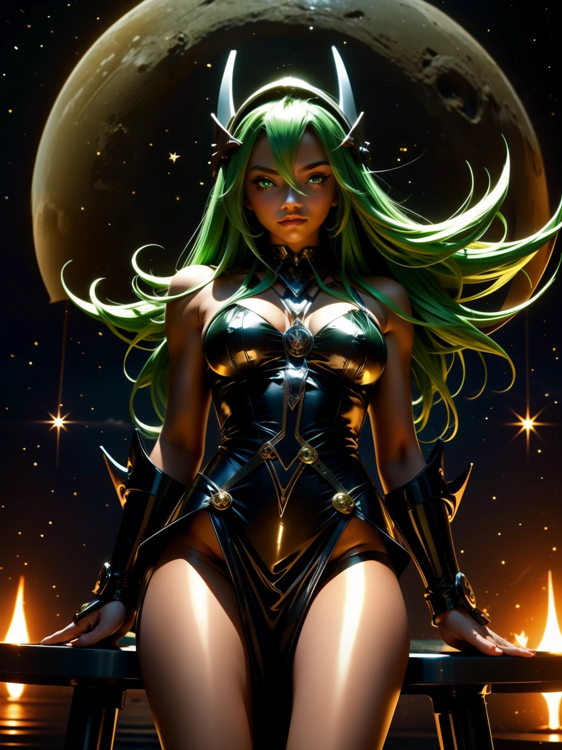 In the middle of forest plane there is beatiful siren who dance under the stary night sky, she have neatiful face long green hair with orange highlights her eyes in emerald green red lipsick and smoky eyes make up, her naked body cover only with black transparent spiler web vail, (ultra high quality fantasy art, dark fantasy style, masterpiece, ultra high quality character design, 8k quality anime art, realistic anime art, top quality wallpaper illustration, detailed ultra high quality accurate face, high quality design and accurate physic)
