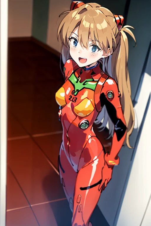 (( top quality)), ((masterpiece)), (be familiar with),  perfect face, indoor, bedroom,  watching viewers ,
One woman,  Soryu Asuka Langley,
 open mouth,  with an ecstatic expression , blush, smile,
 small tits,  flat chested, Young girl, Lori,  s,  girl,
 long hair,  twin tails,
Leg spread,